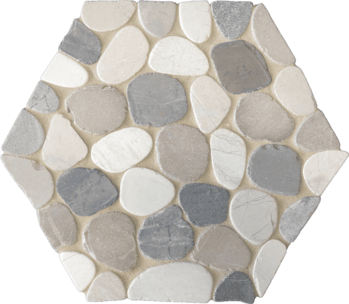 Honey-toned Flat Hex Pebblino mosaic offers warm geometry for patios or bathroom floors.