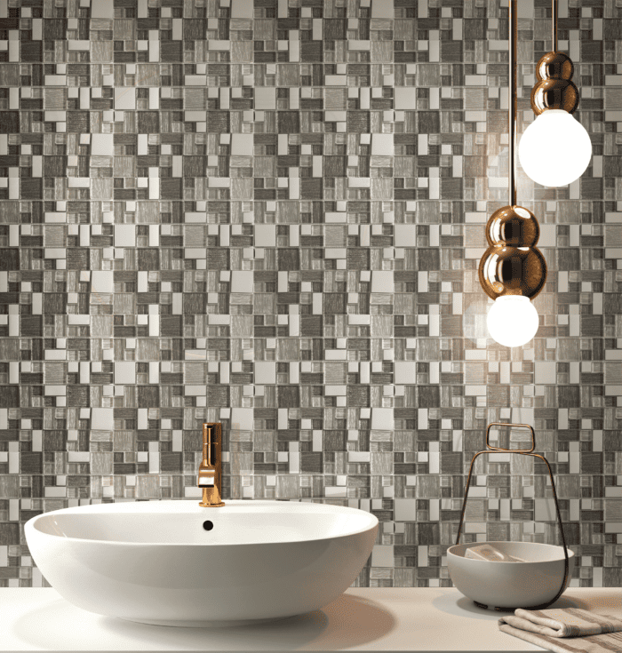 Pacenza Urbano mosaic adds urban sophistication with structured stone pattern.