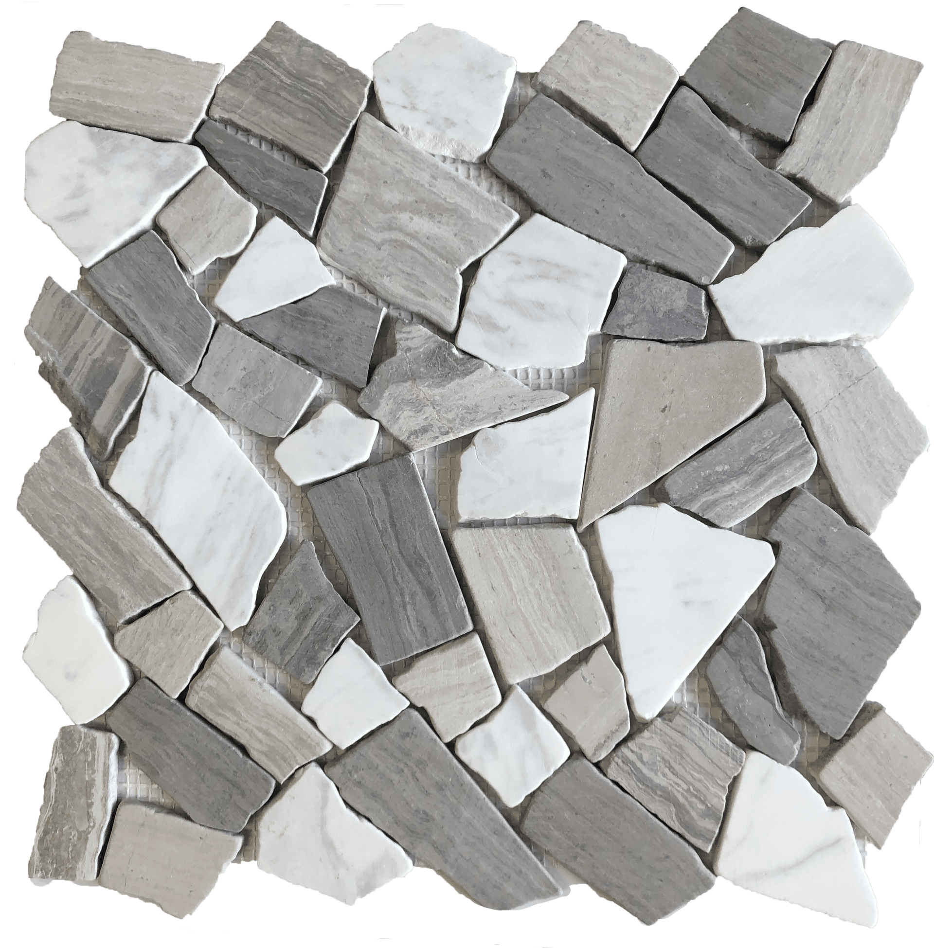 Bianco-Grigio Pietra mosaic blends light and dark pebbles for subtle contrast.