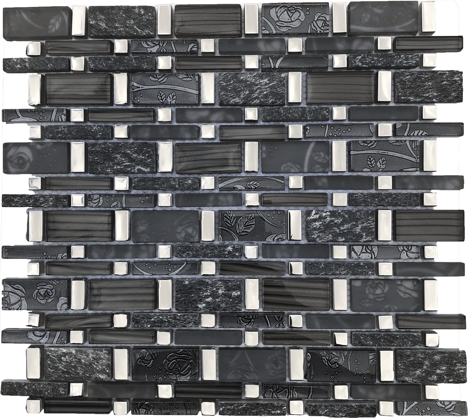 Pompeya Black mosaic tiles offer deep charcoal tones with a sleek glossy finish.