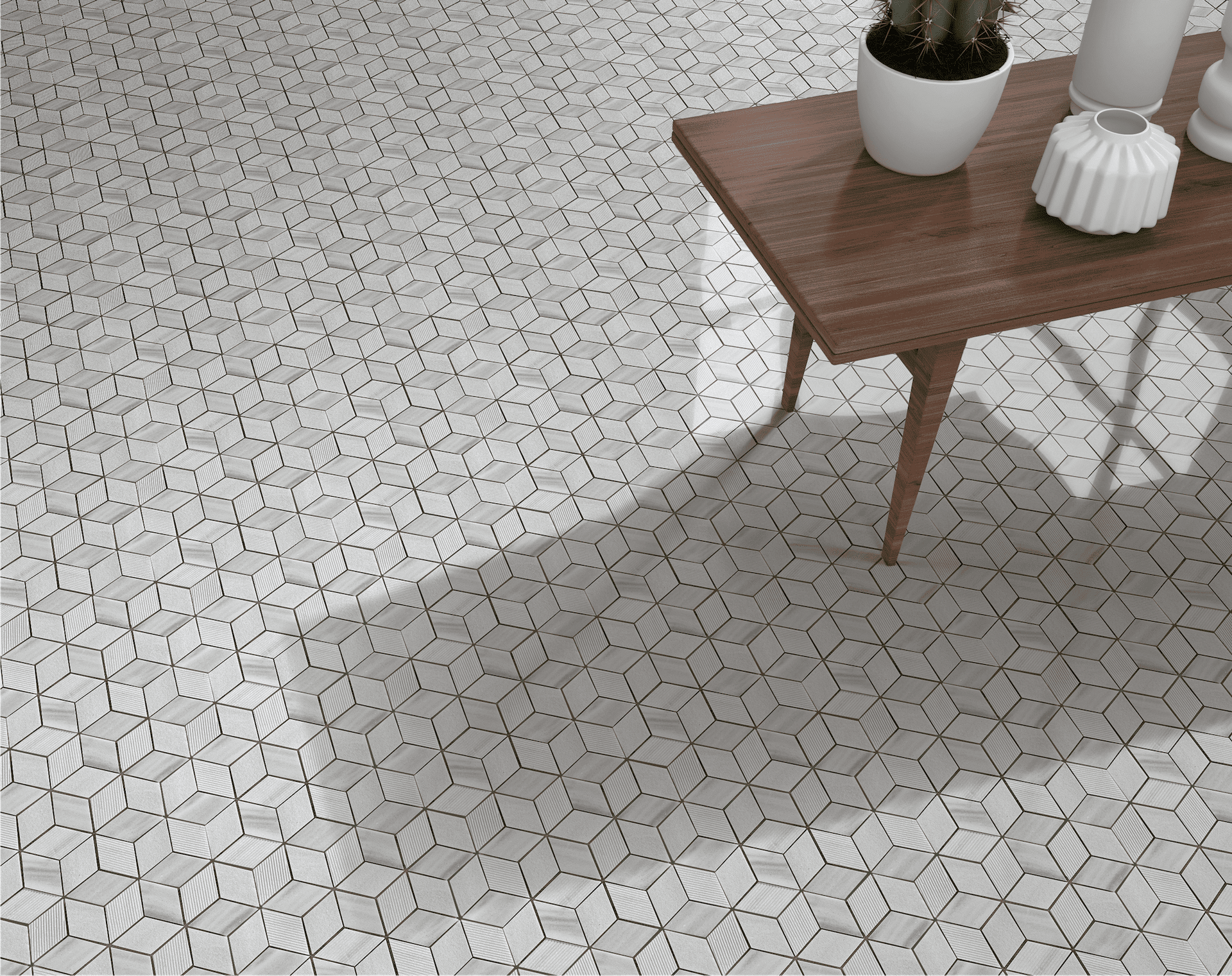 Qbert Pattern mosaic uses vibrant geometry for playfully modern interiors.