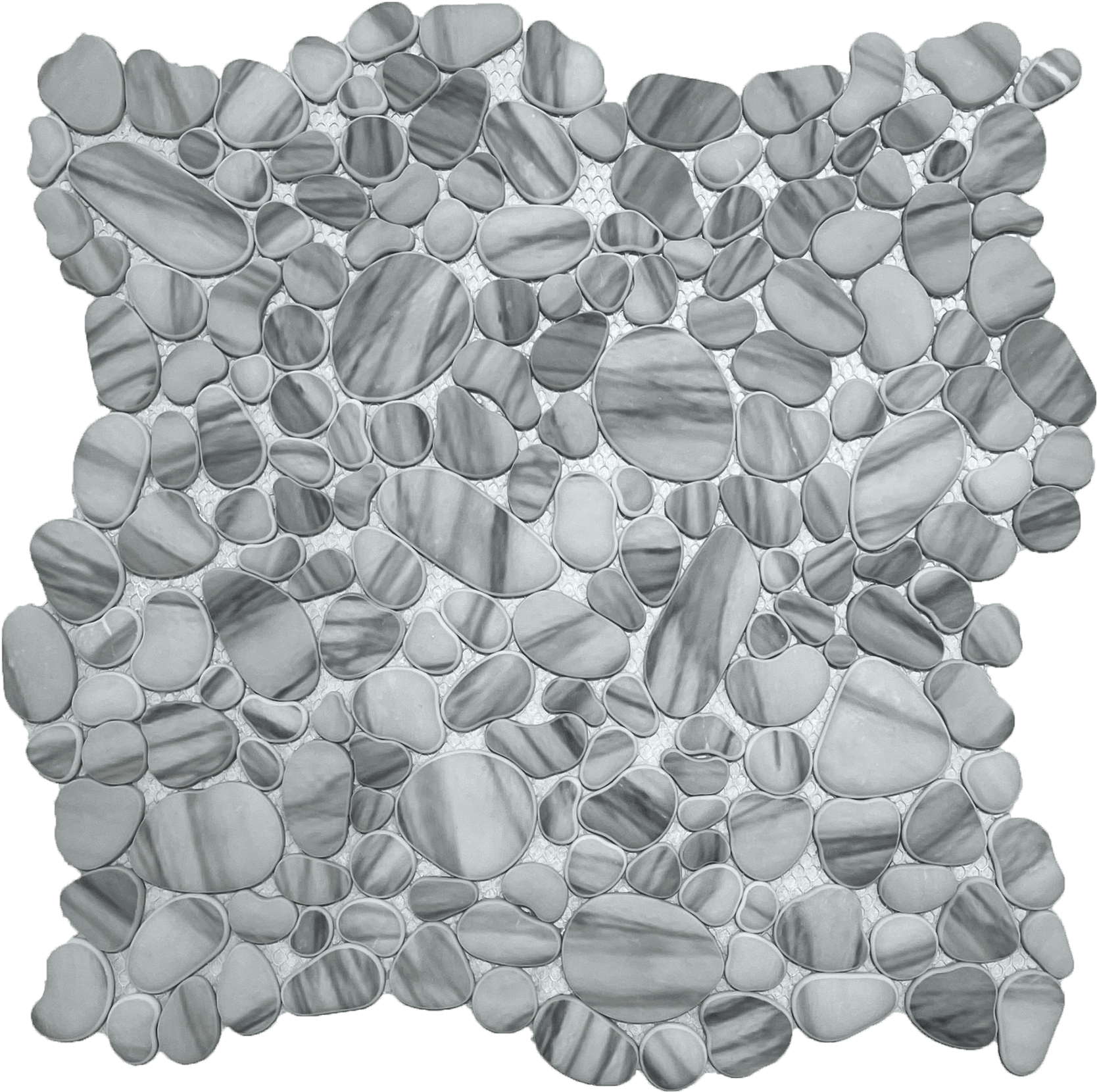 Riva Grey Pebbles mosaic uses muted charcoal pebbles for versatile surface design.