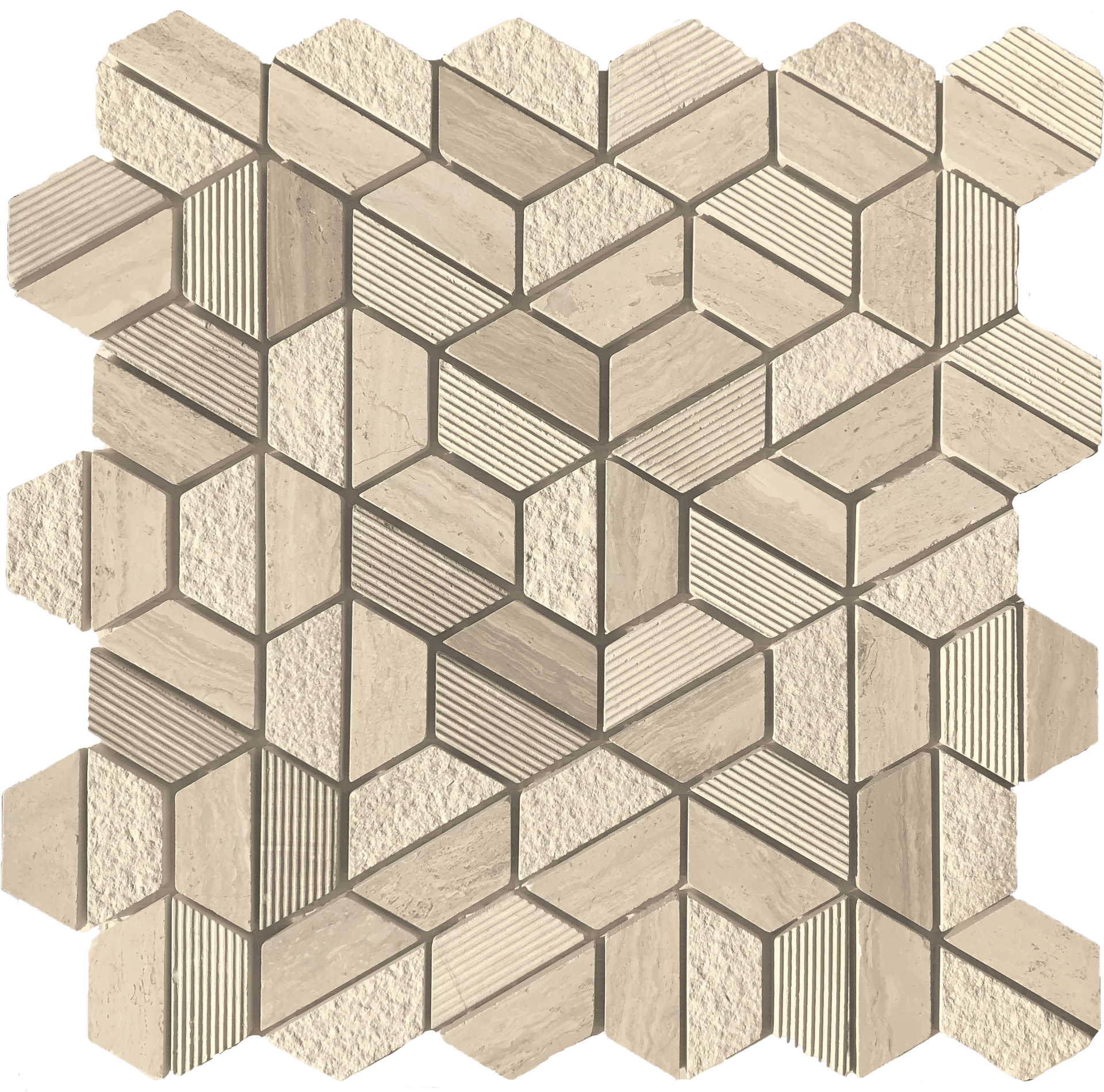 Sassari Hexagon mosaic offers geometric depth with stacked hex tiles in neutral hues.