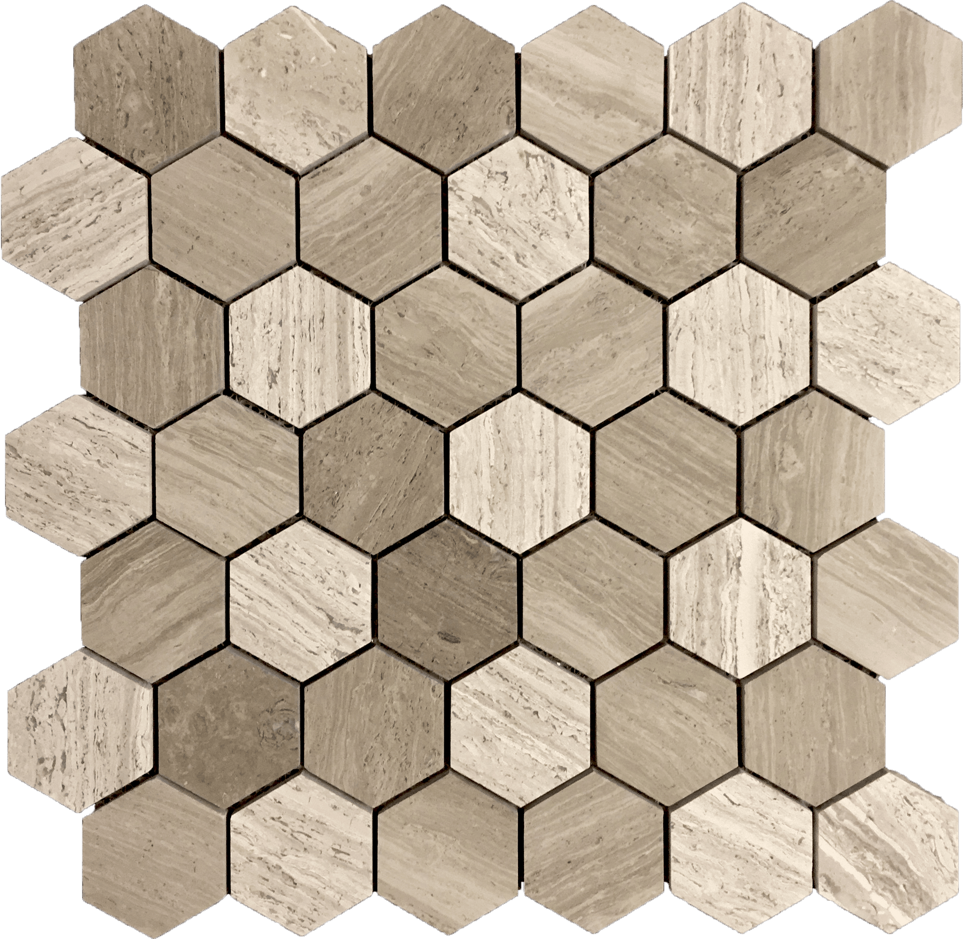 Silverwood Marble Hex mosaic mixes silvery marble tones in elegant hex grids.
