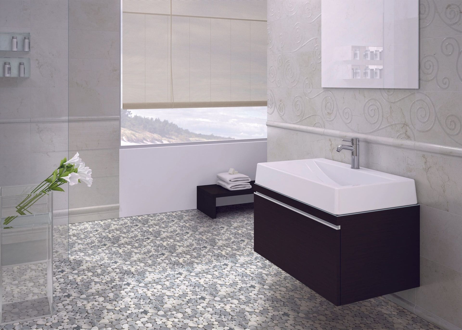 Closeup highlights heart-shaped marble accents in Skyfall mosaic pattern.