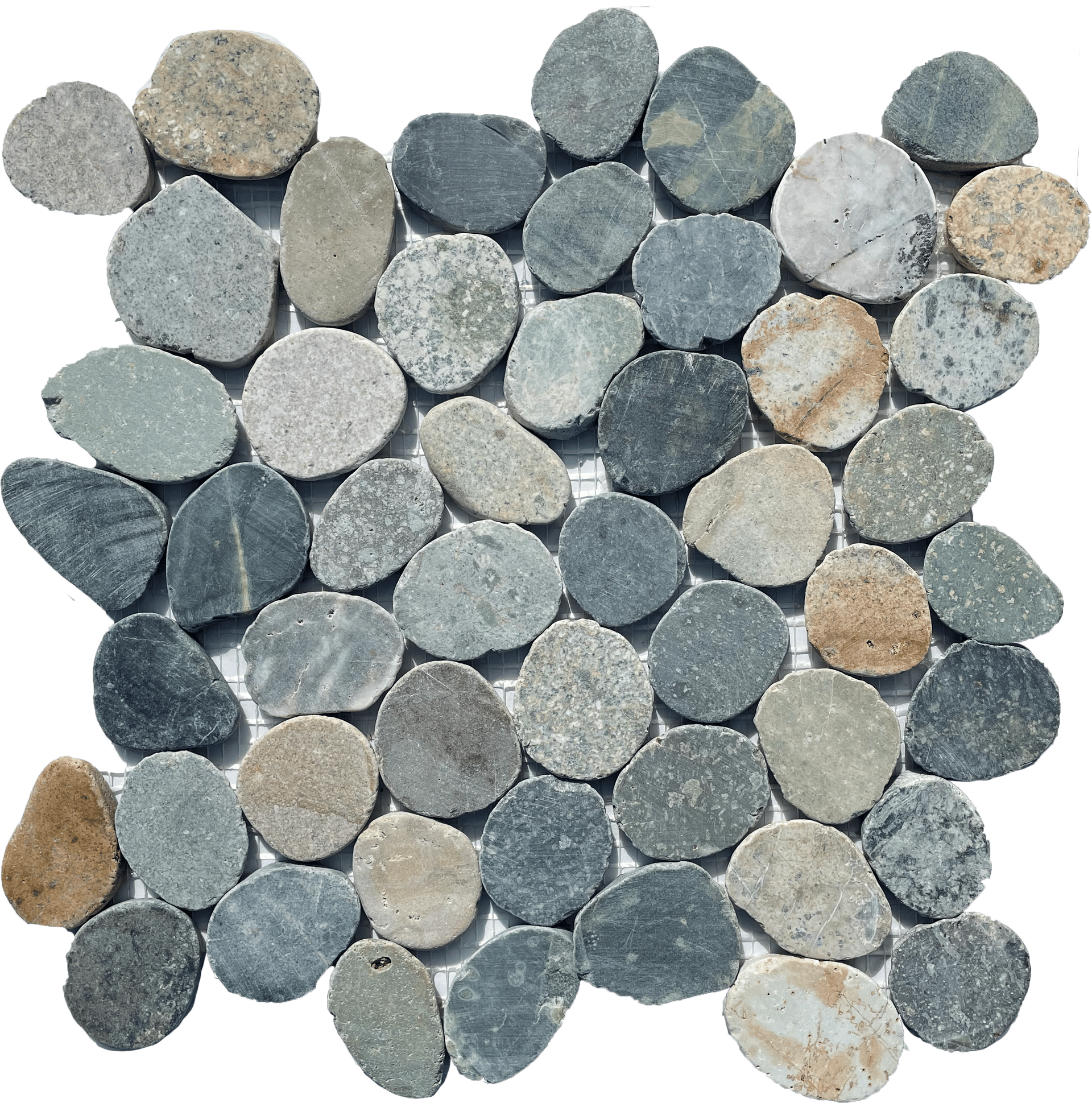 Natural stone mosaic with flat pebble mix in earthy tones from the Sumatra series