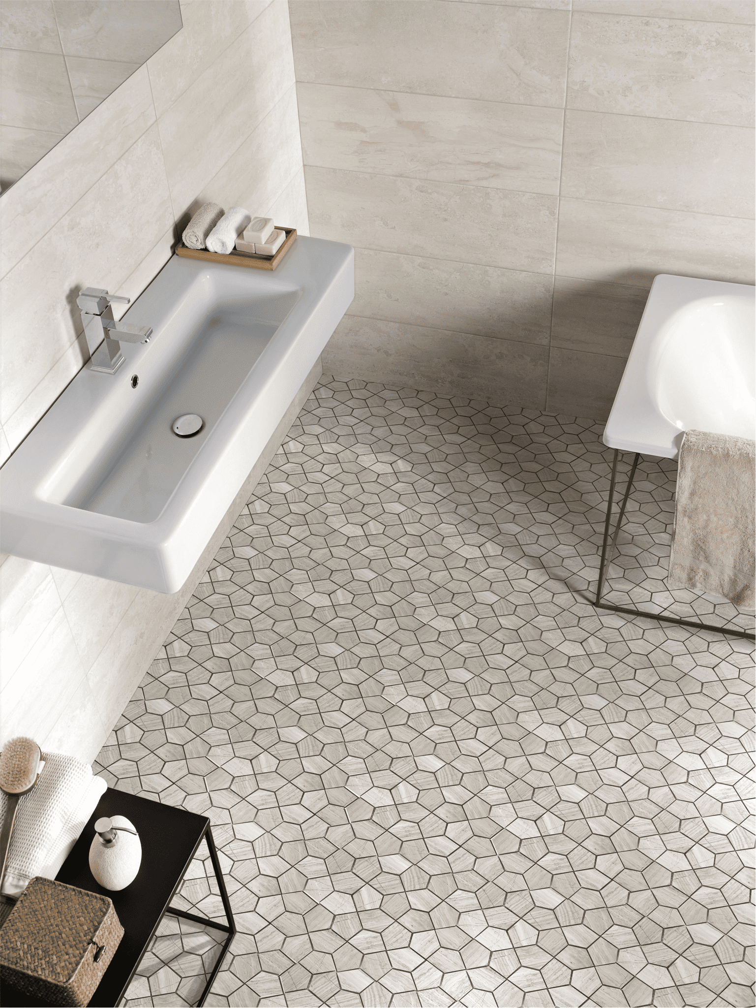 Pentagon Silverwood mosaic delivers sharp angles and polished stone finish.