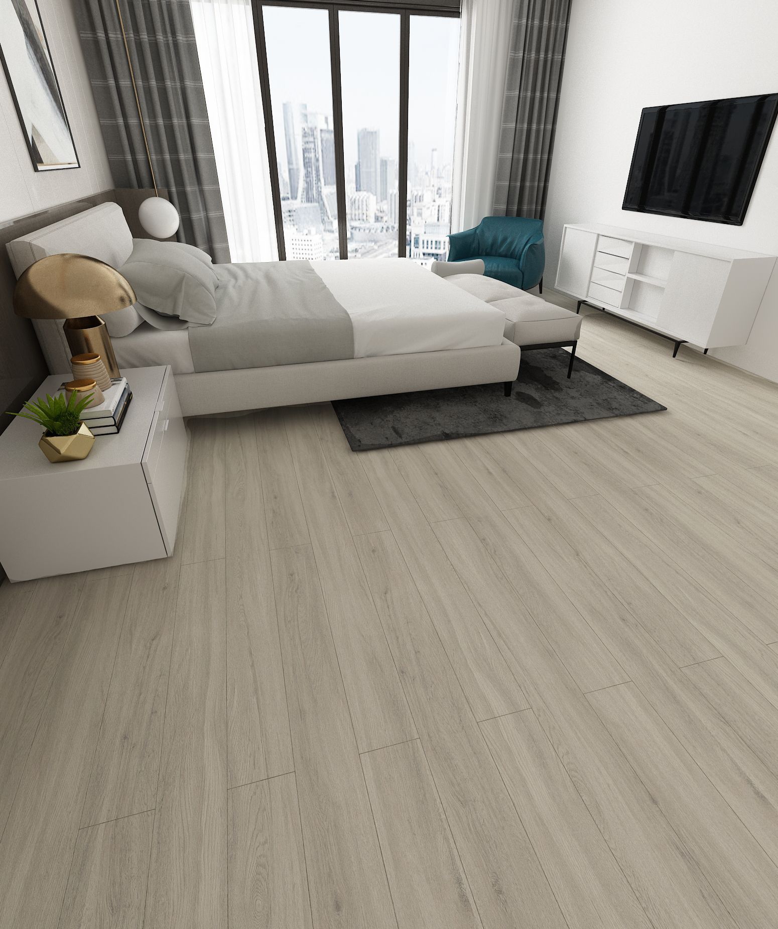 Silkstone Sand wood-look tile bedroom installation showcasing wide plank style