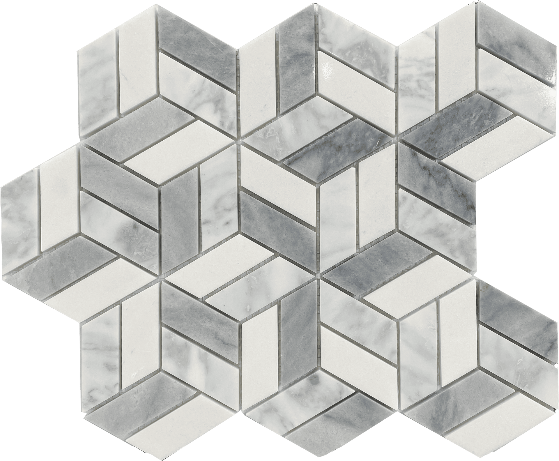 Treviso hexagonal mosaic in soft bianco gris shades, blending stone textures and modern shape