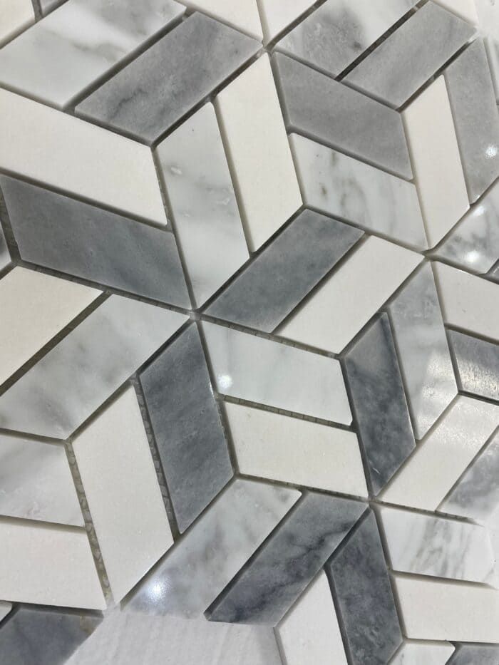 Treviso hexagonal mosaic in soft bianco gris shades, blending stone textures and modern shape