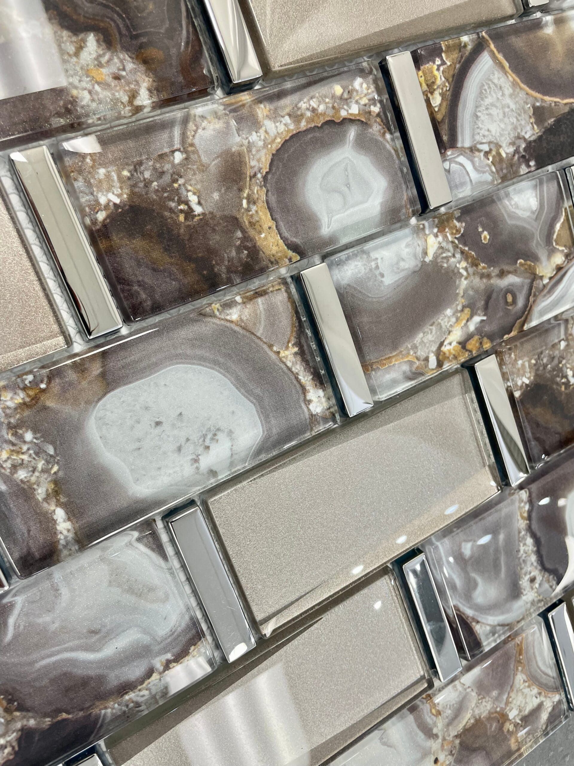 Rich umber-toned mosaic from the Tribeca series, great for warm, moody spaces