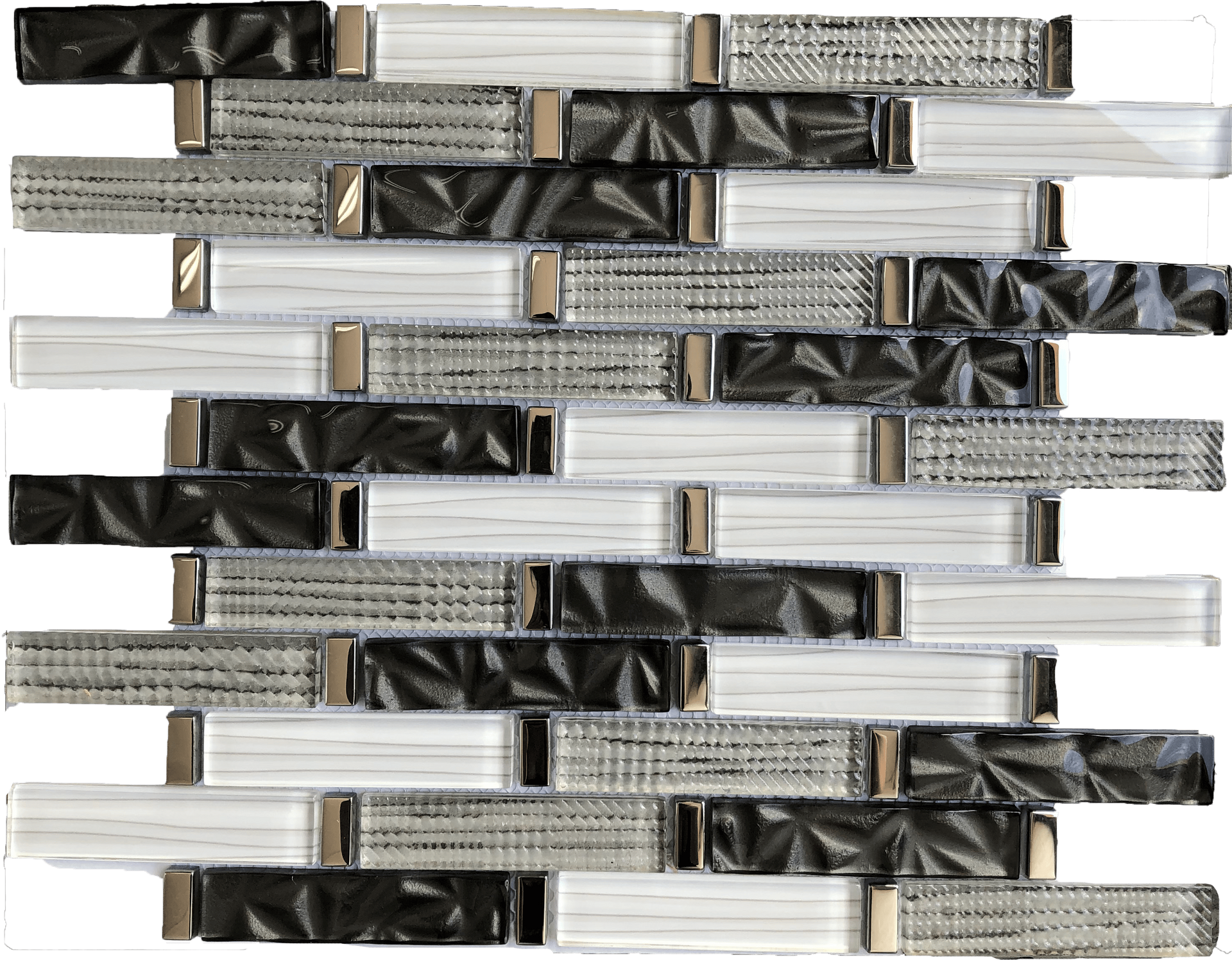 Voleno Nero mosaic tile with black, grey, and white glass strips, perfect for backsplash and accent walls.