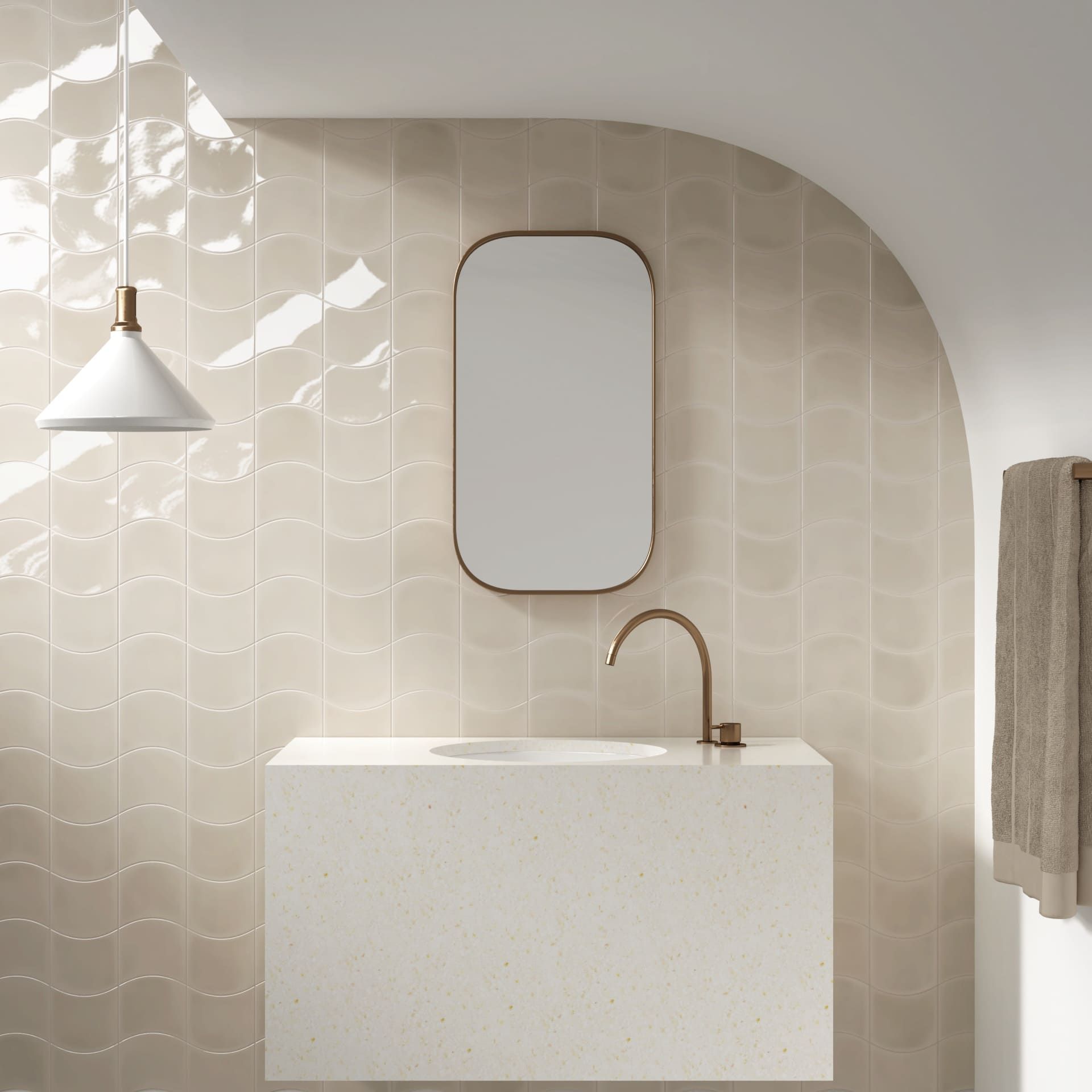 Bathroom walls covered in Wave Old Cream tile for a classic, clean look