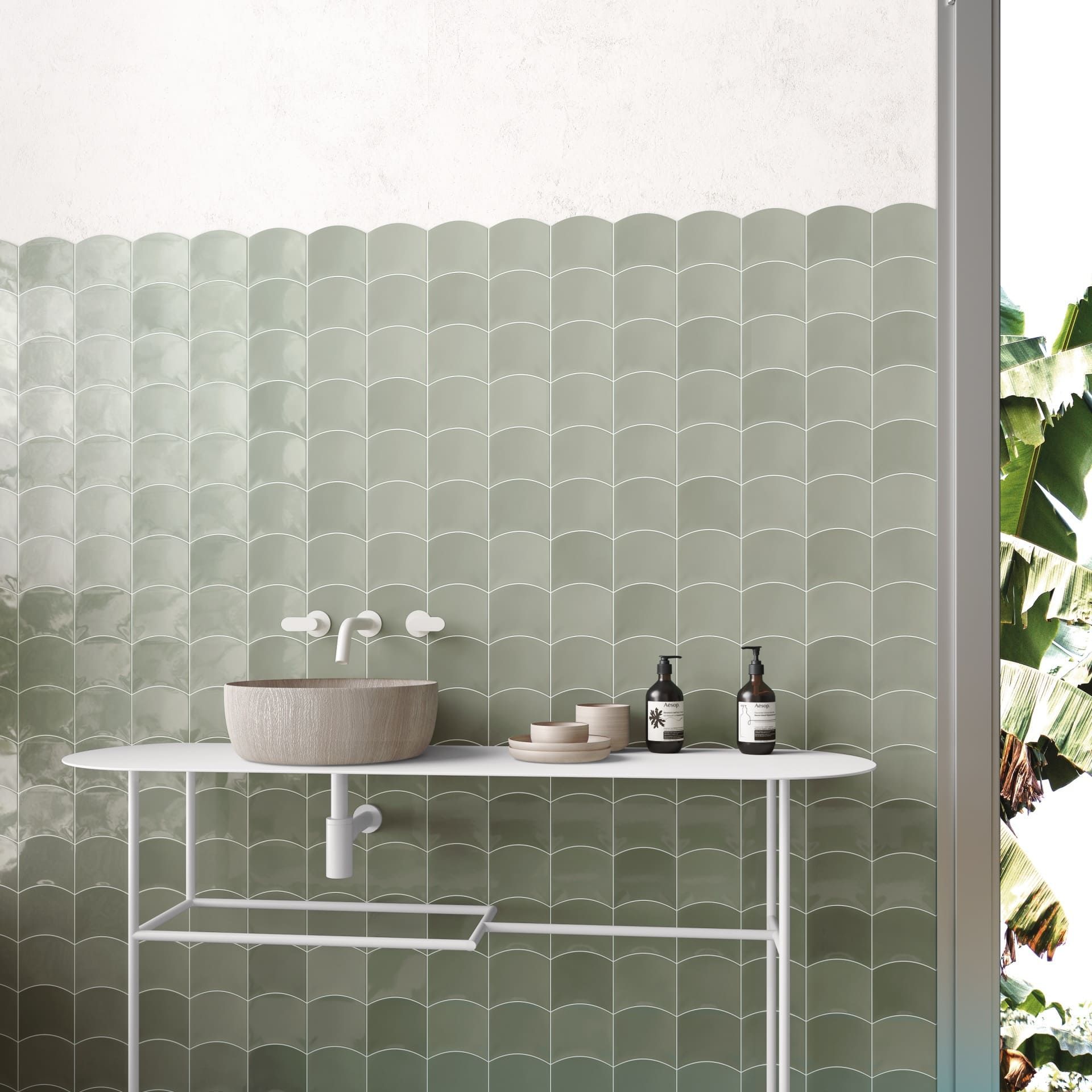 Warm green ceramic wall tile from the Wave collection, ideal for modern interiors