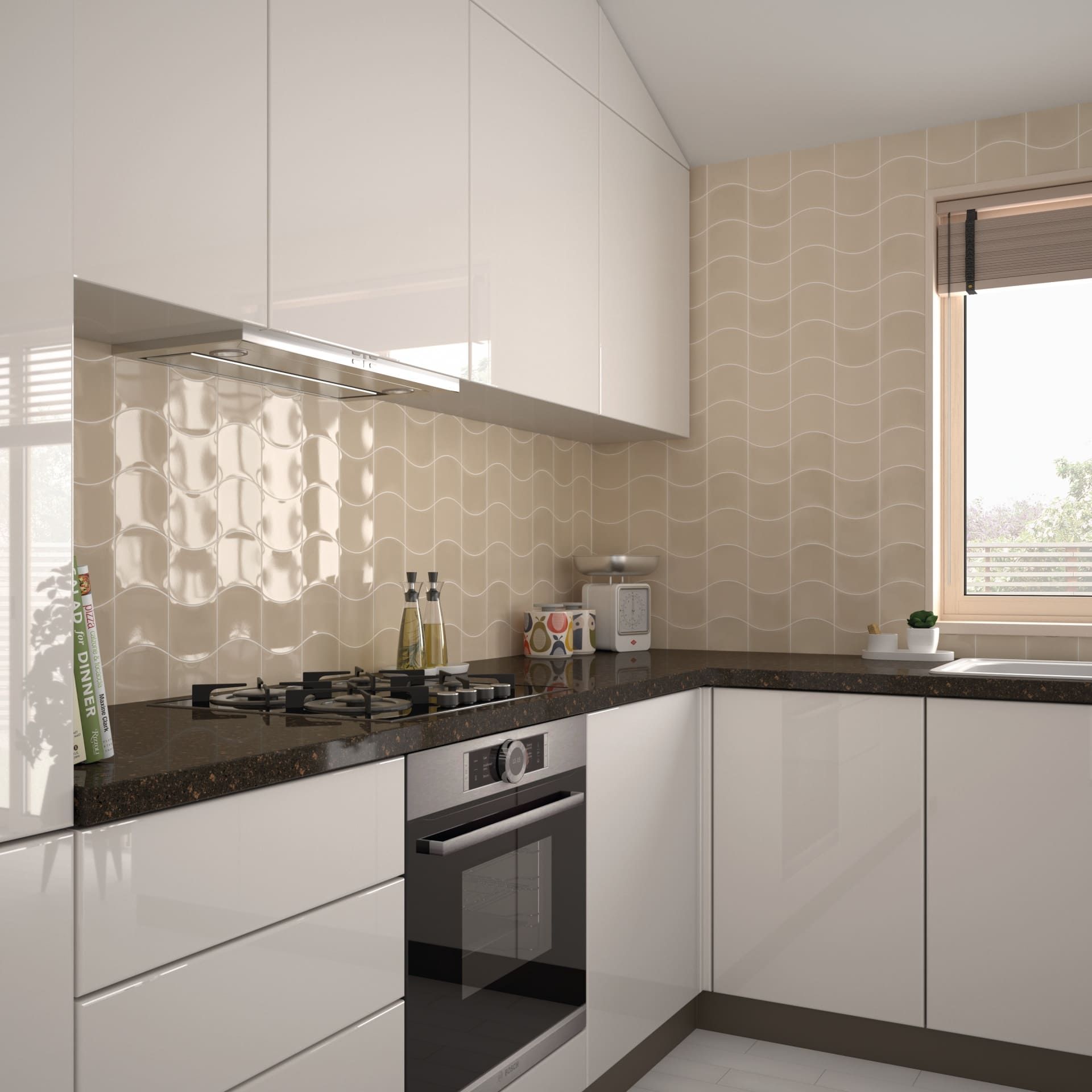 Soft cream ceramic tile from the Wave series, great for neutral wall designs