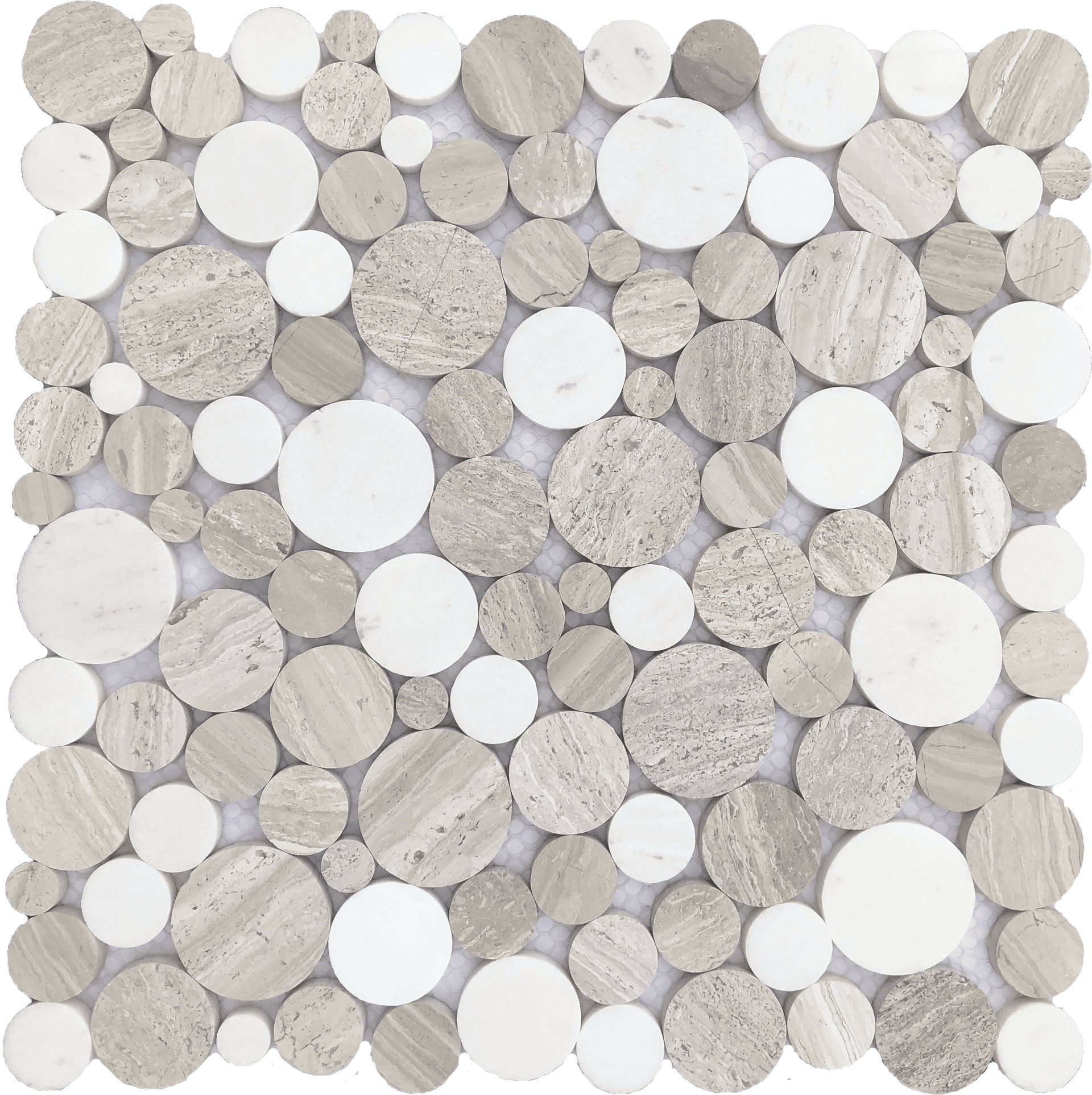 Wood Grey Mix Marble tile with round stone chips in grey and white, perfect for floors and shower walls.
