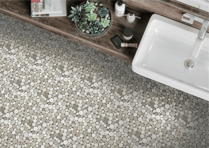 Wood Grey Mix Marble tile with round stone chips in grey and white, perfect for floors and shower walls.