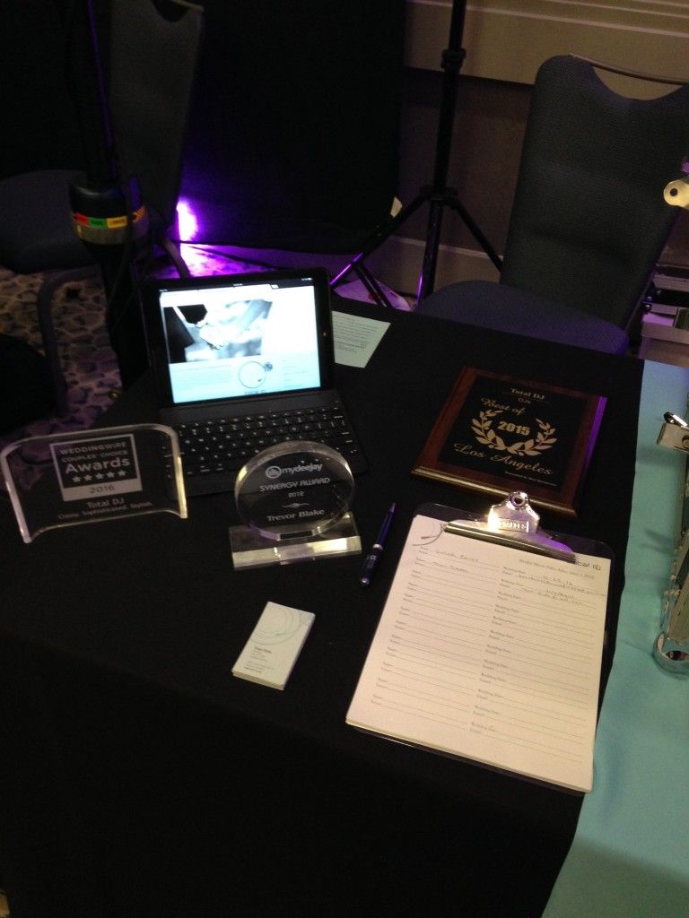 A table with a laptop a plaque and a clipboard