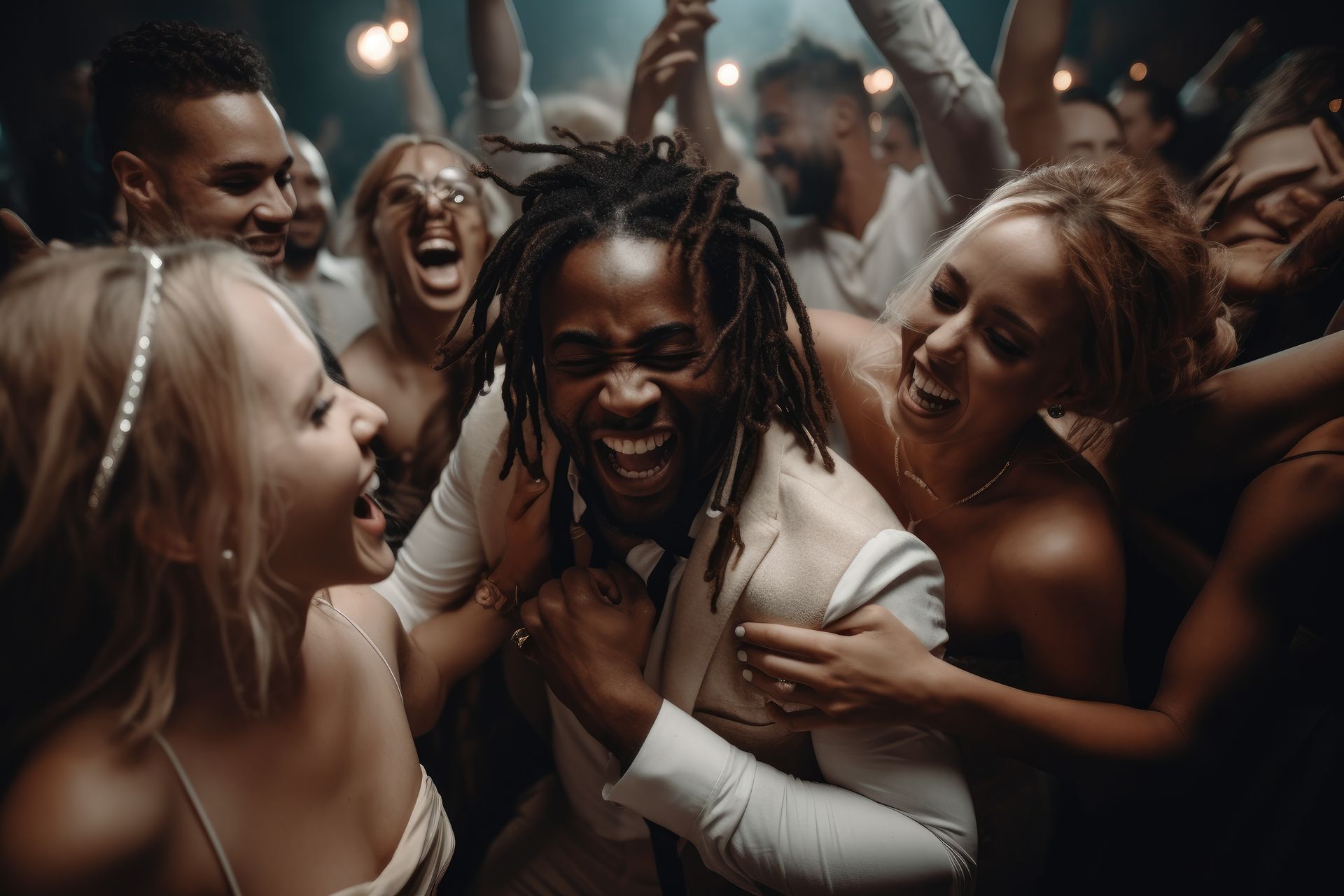 A man with dreadlocks is surrounded by a crowd of people at a party.