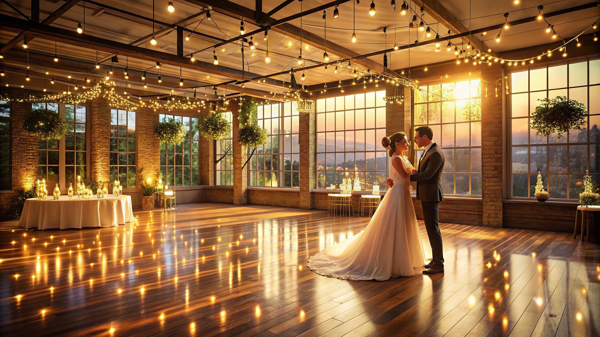 A bride and groom are dancing in a large room with candles on the floor.