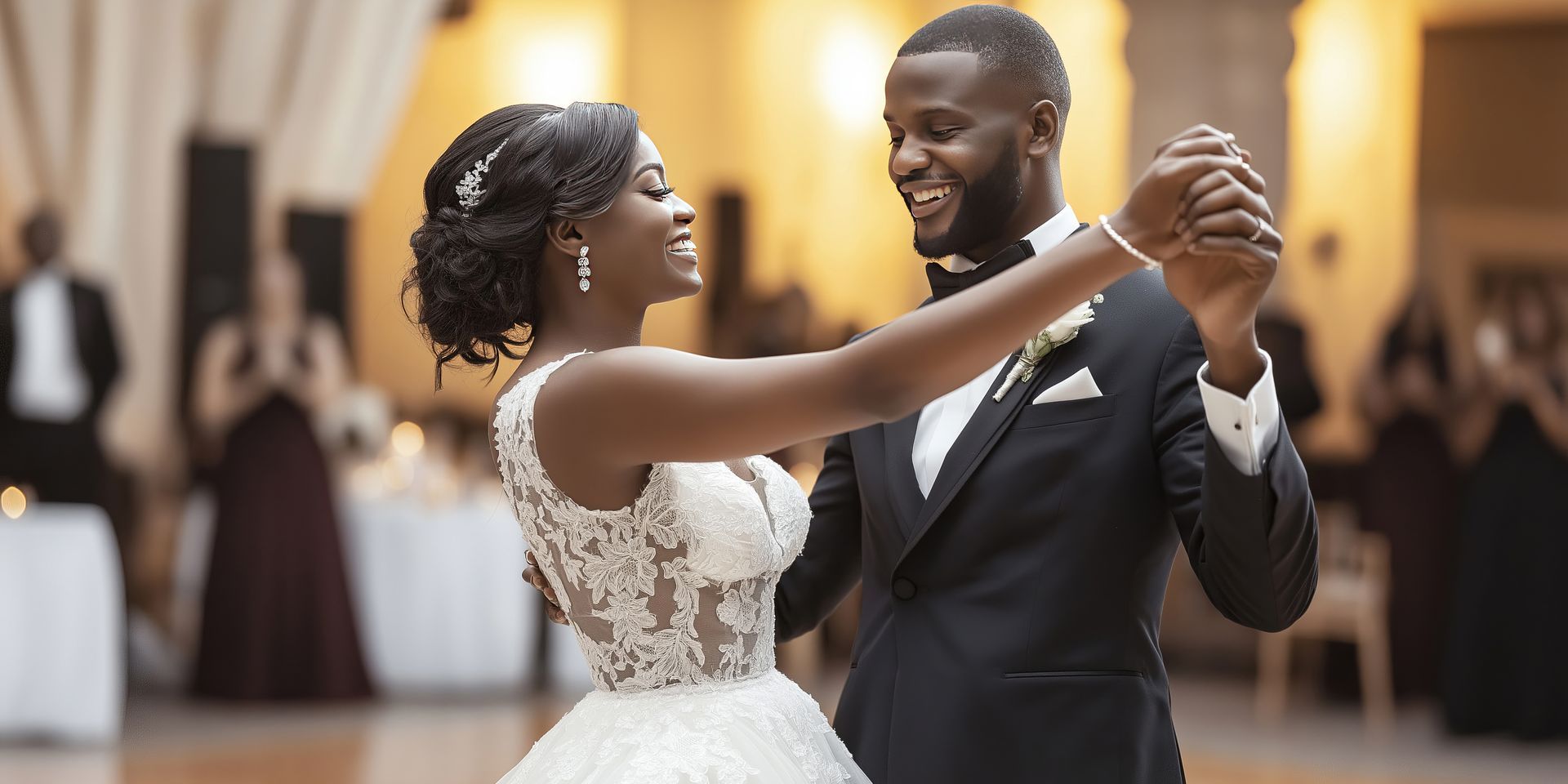 A bride and groom are dancing their first dance at their wedding reception.