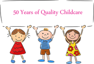A cartoon of three children holding up a sign that says 50 years of quality childcare