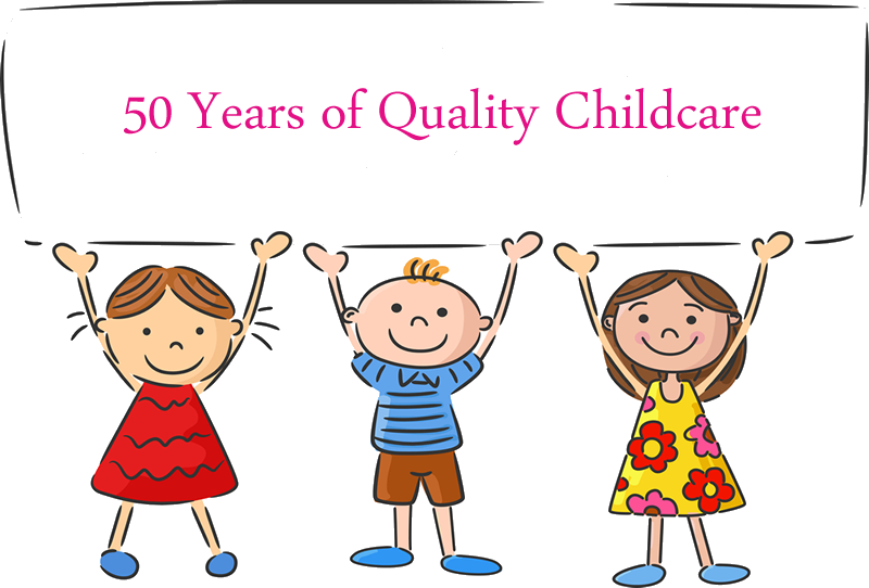 A cartoon of three children holding up a sign that says 50 years of quality childcare