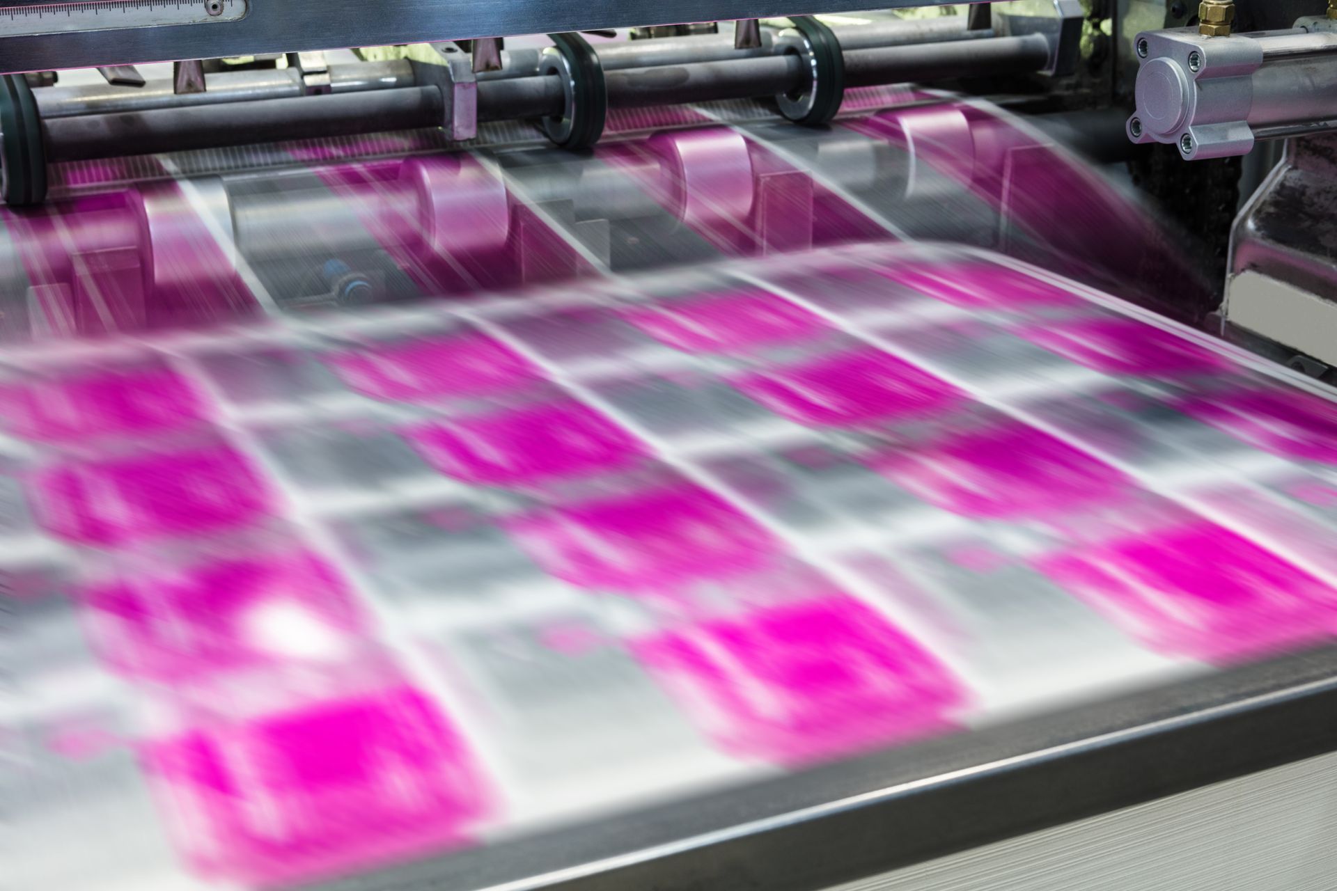 una máquina de impresión imprime hojas de papel de color rosa y gris.