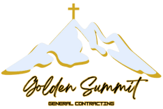 Gold mountain with a cross on top, gold outline, "Golden Summit" text, "General Contracting" text.