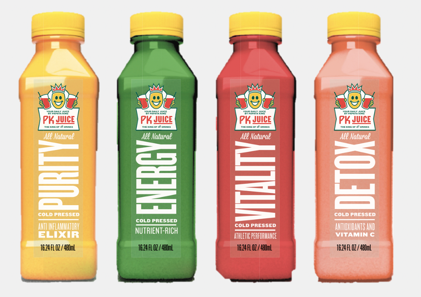 Four juice bottles, yellow, green, red, and peach, labeled Purity, Energy, Vitality, and Detox.