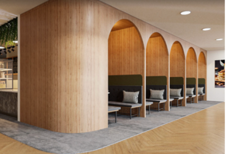 Five wooden booth seating areas with archways, inside a well-lit room. Each has a bench, pillows, and table.