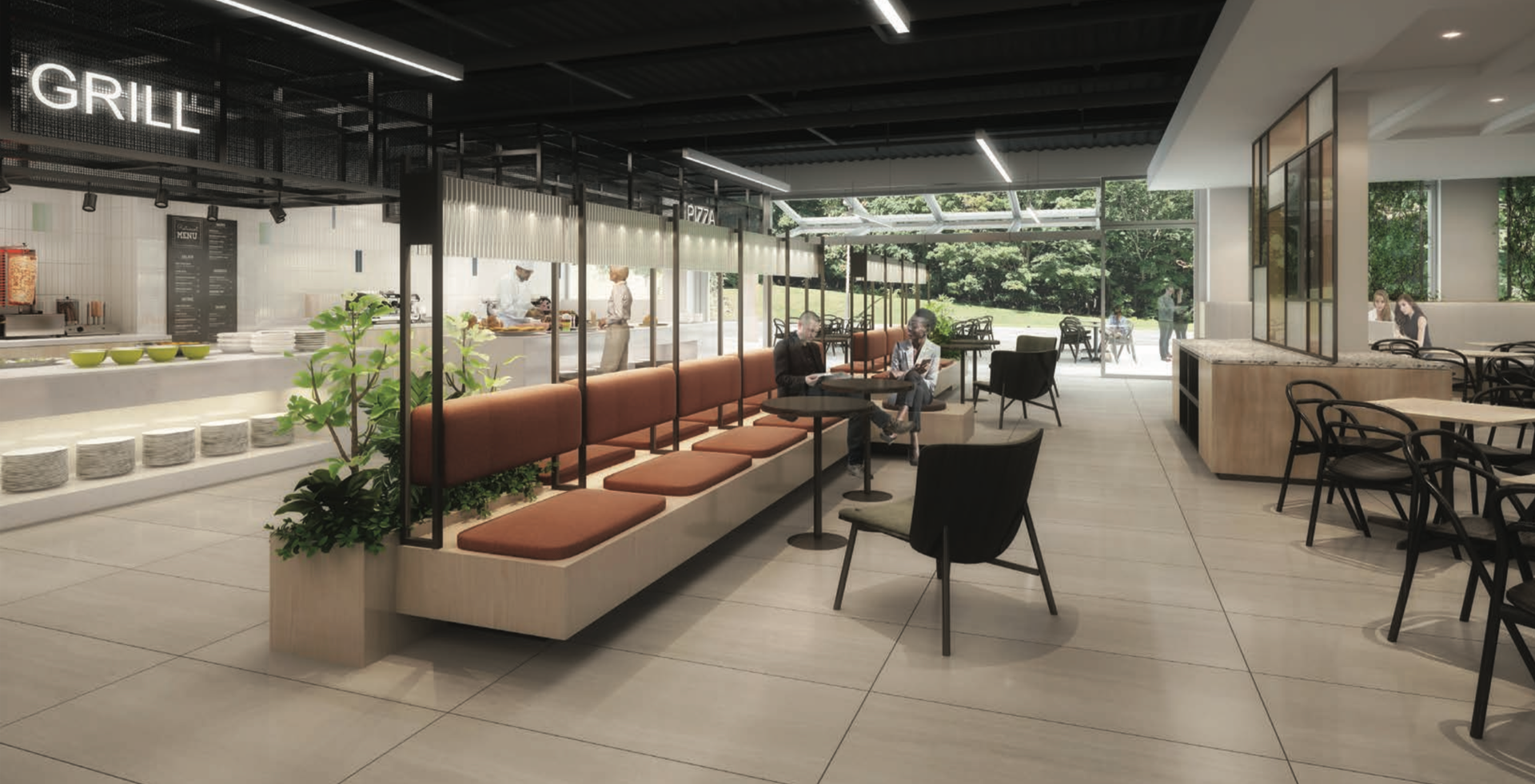 Restaurant interior with seating, grill area, and outdoor view. Brown and beige color scheme, natural light.