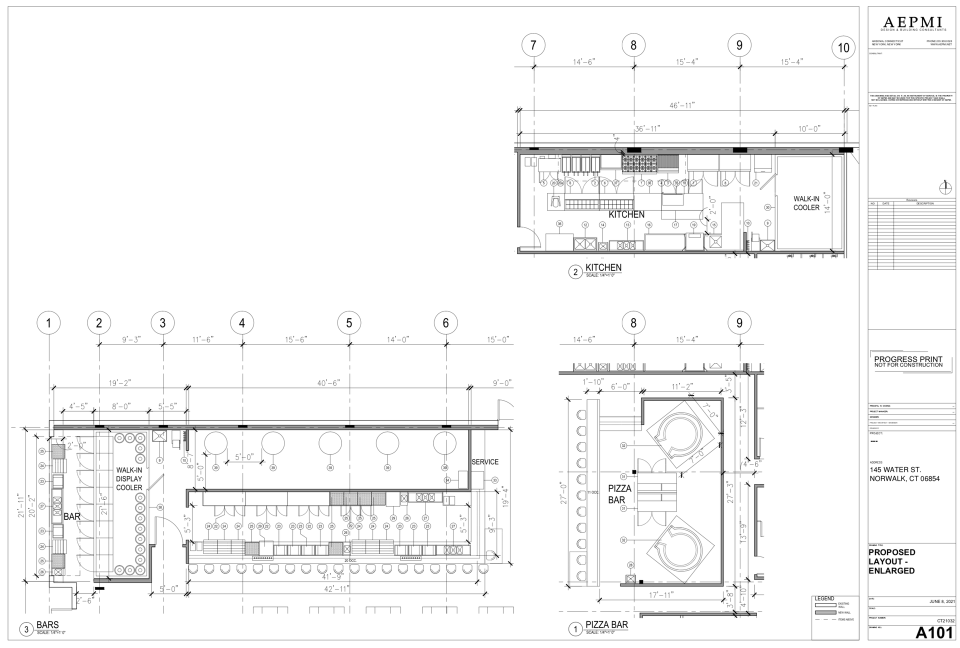 Architectural drawings, floor plans of a commercial space, including kitchen and seating areas.