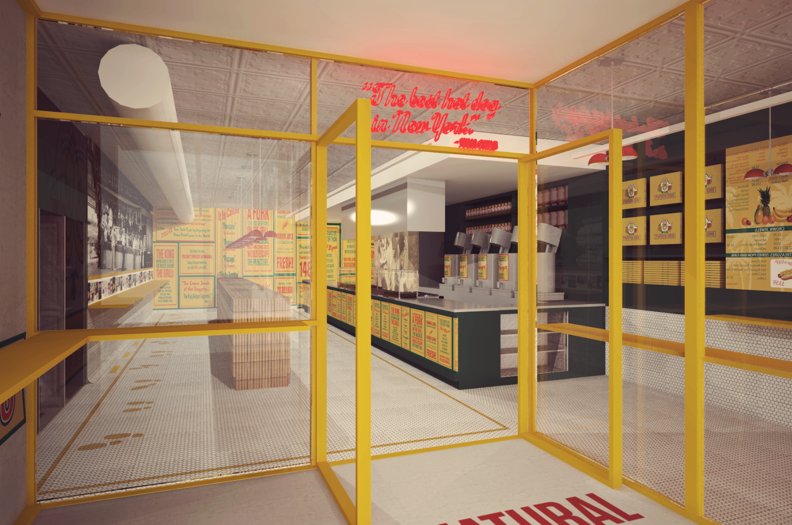 Interior of a store with yellow cage-like structures, shelves with products, and a counter.