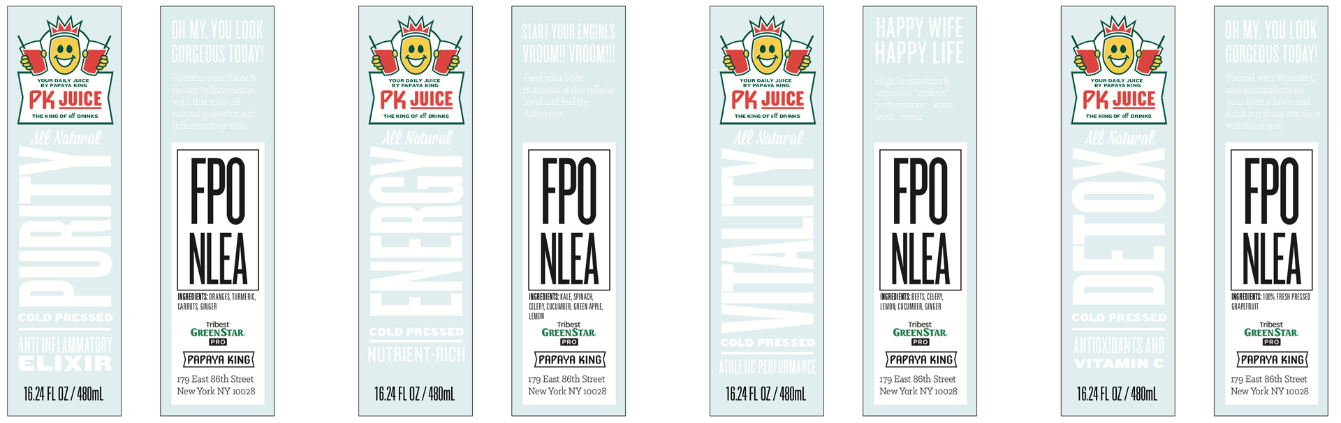 Labels for FPO juice, a series of tall, rectangular boxes in pale blue with illustrations and text.