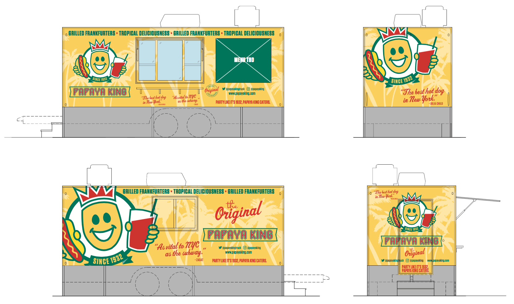 Four side views of a food truck with yellow and green graphics featuring a smiling hot dog, soda, and