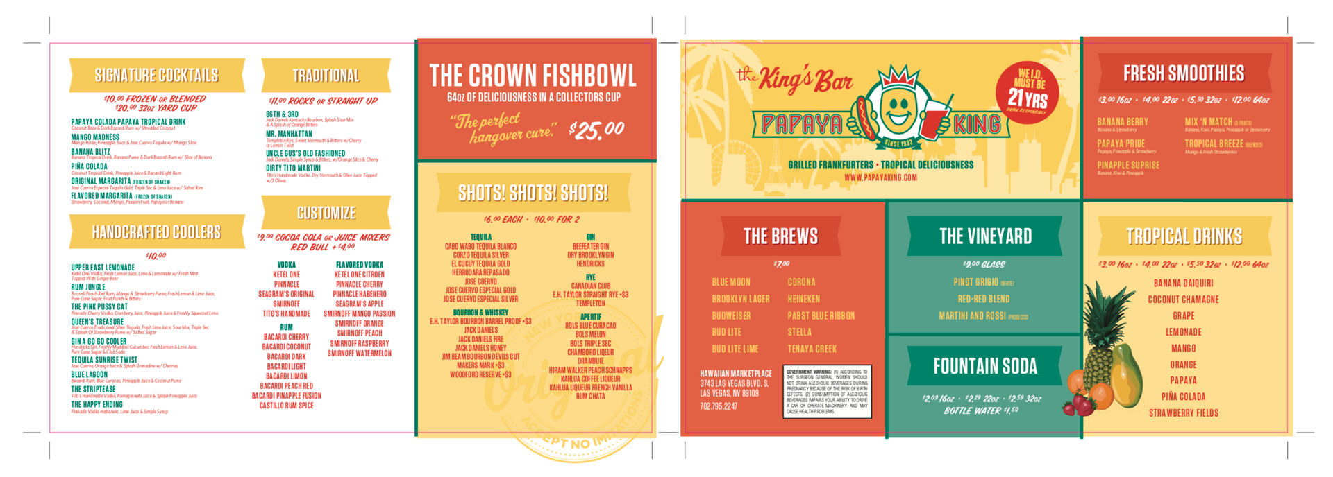 Menu for a juice bar with a mascot and colorful sections showcasing various drinks and prices.