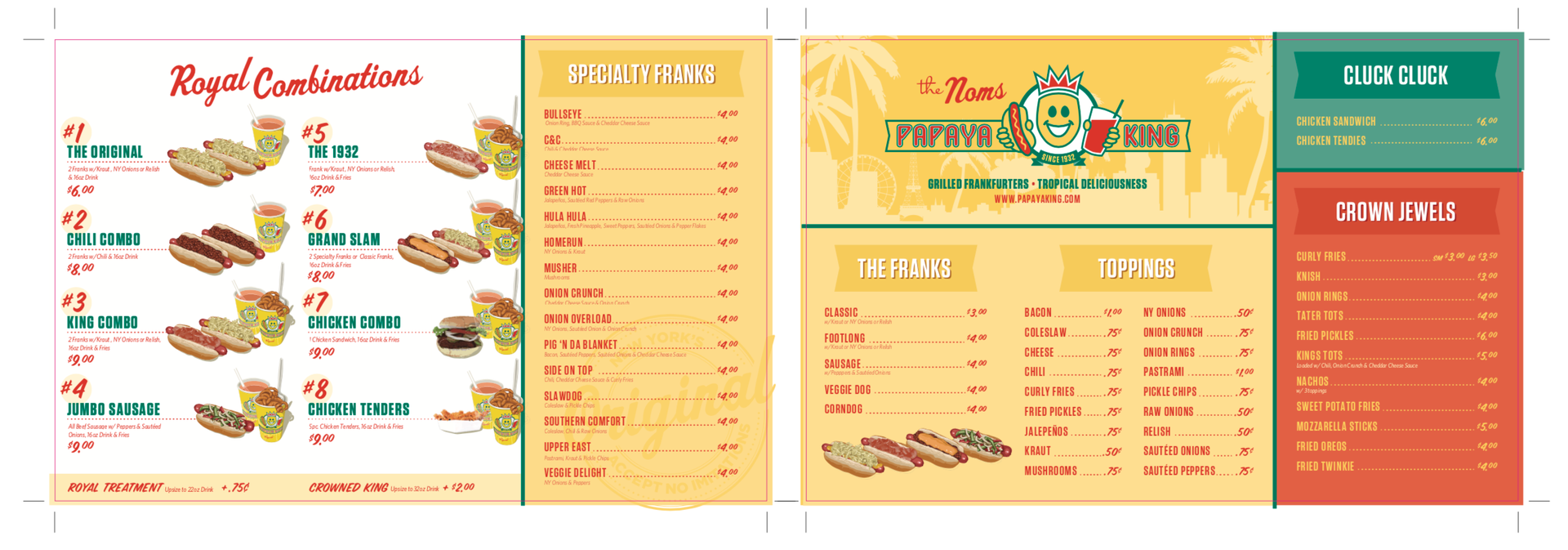 Menu of a restaurant with tropical theme, showing food combinations and prices, with logo featuring a smiling, animated chicken.