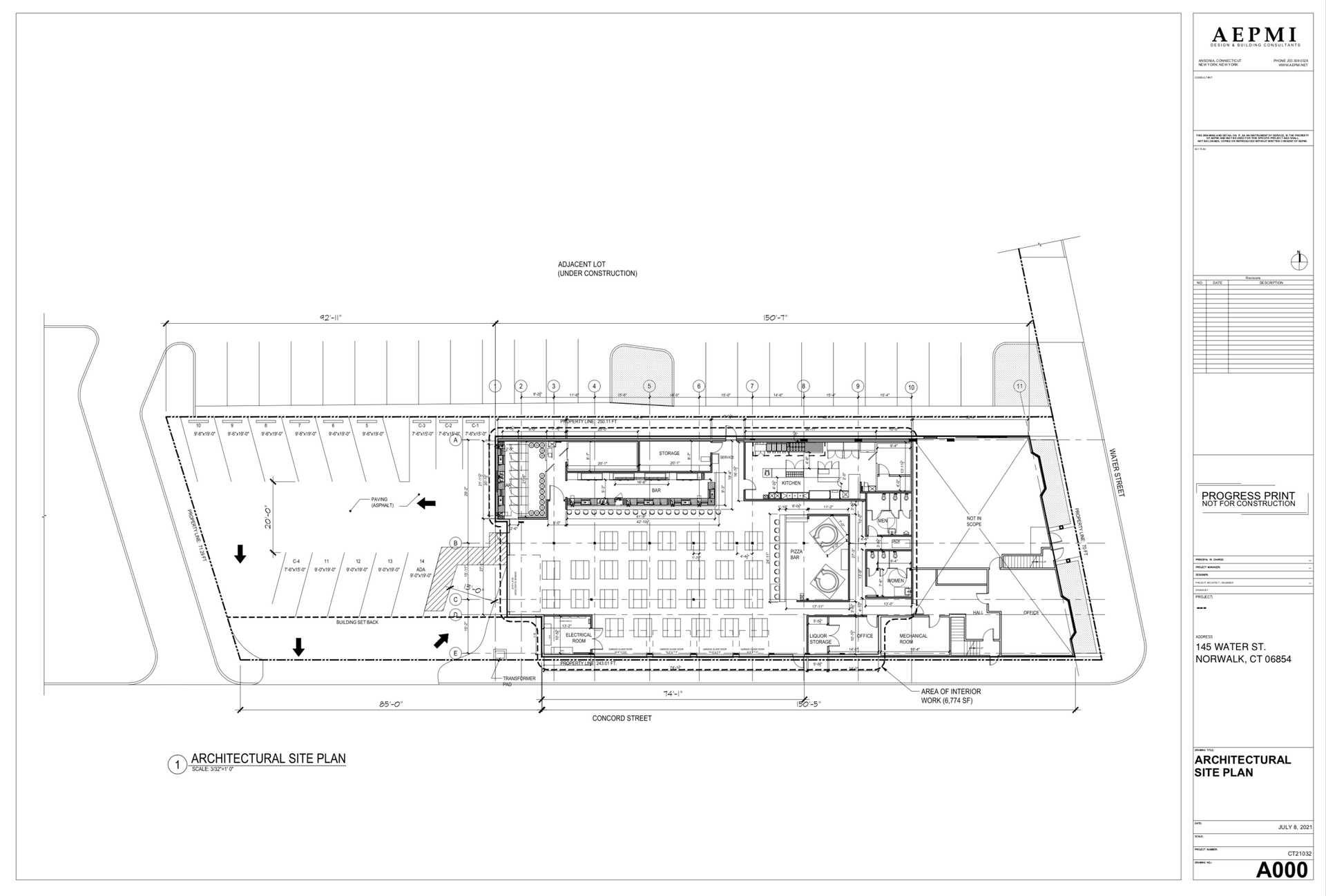 Architectural floor plan of a building with parking, seating, and interior rooms, drawn in black lines on a white background.