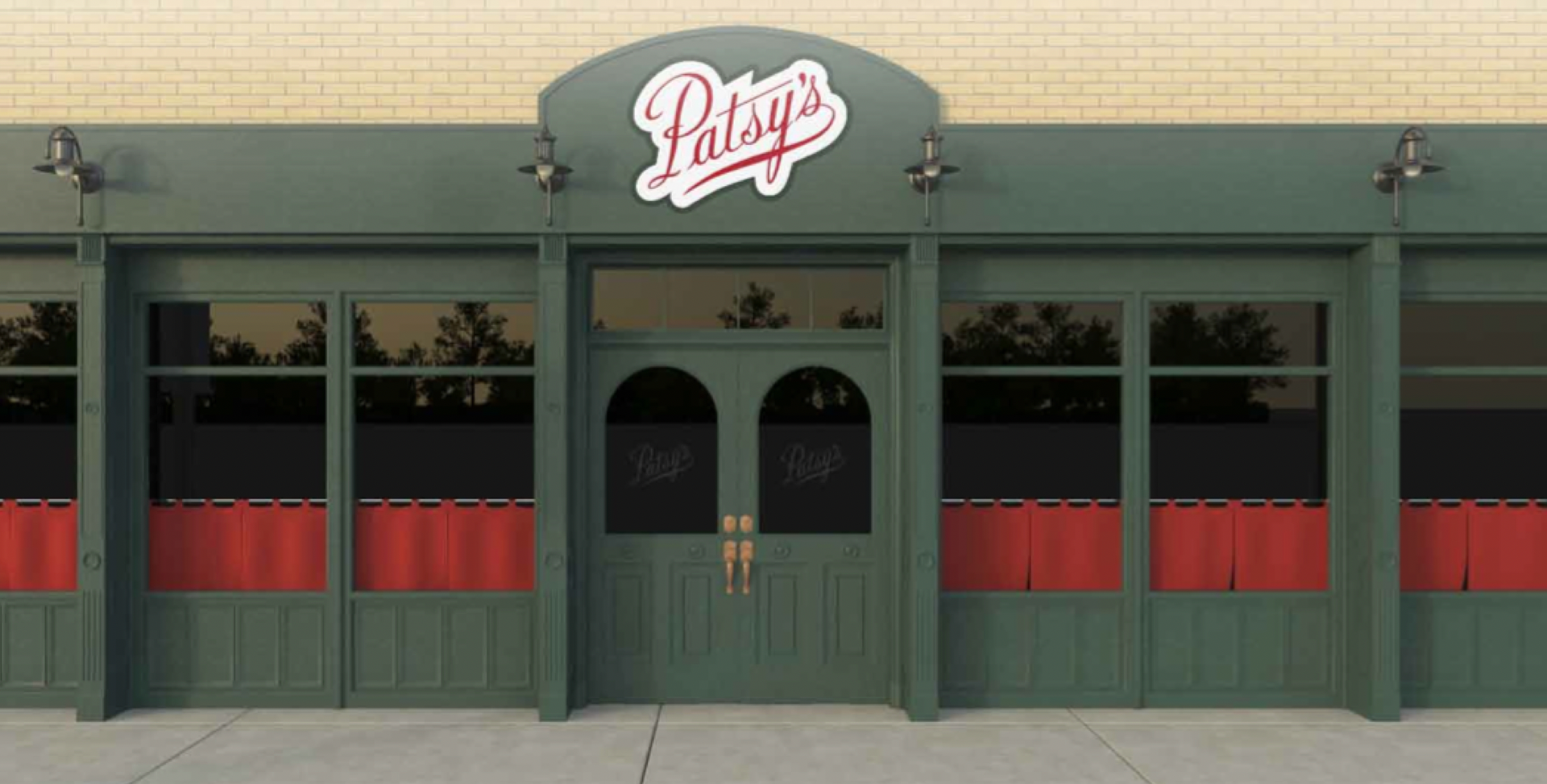 Patsy's Restaurant with green facade, red accents, and a sign. Two large doors with gold handles.