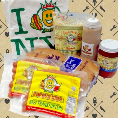 Papaya King hot dog kit: beef frankfurters, rolls, sauce, slaw, and