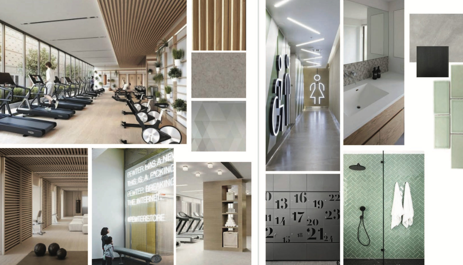 Mood board for gym/spa. Features gym equipment, a bathroom, and architectural elements with neutral colors.