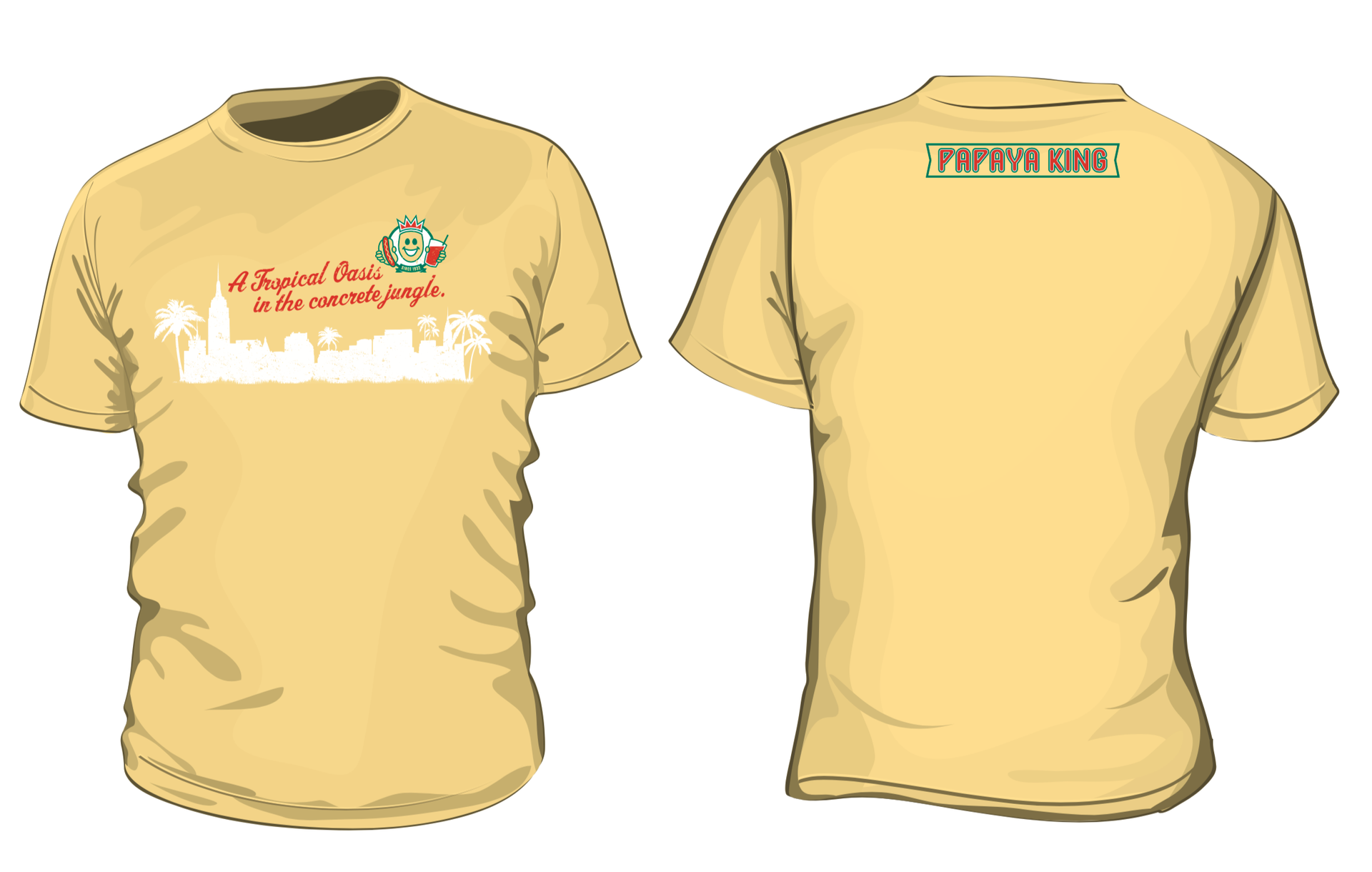 Yellow t-shirt with front design of cityscape and text; back has a green rectangular logo.
