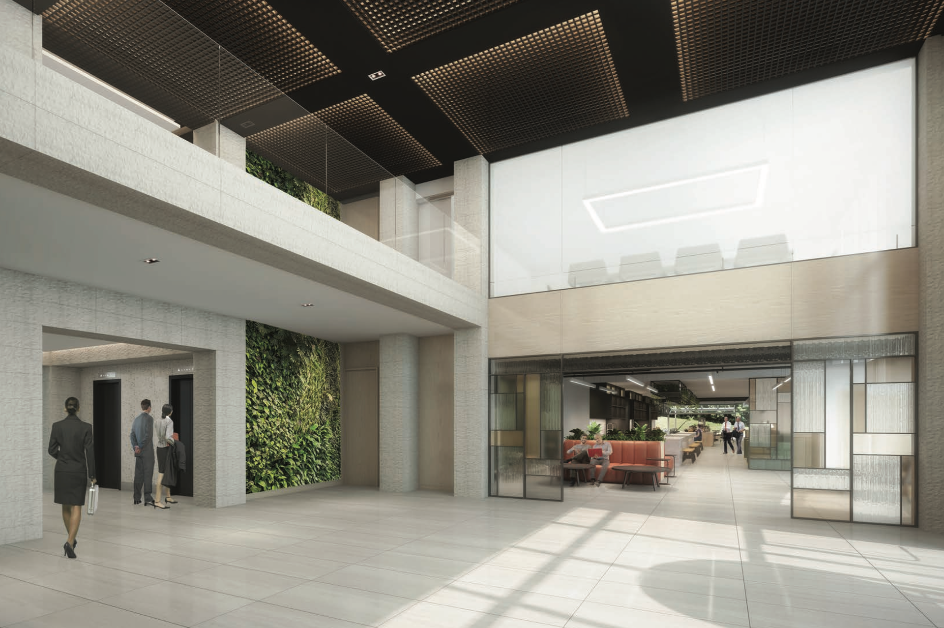 Modern office lobby with people, an elevator, green wall, and a large open space.