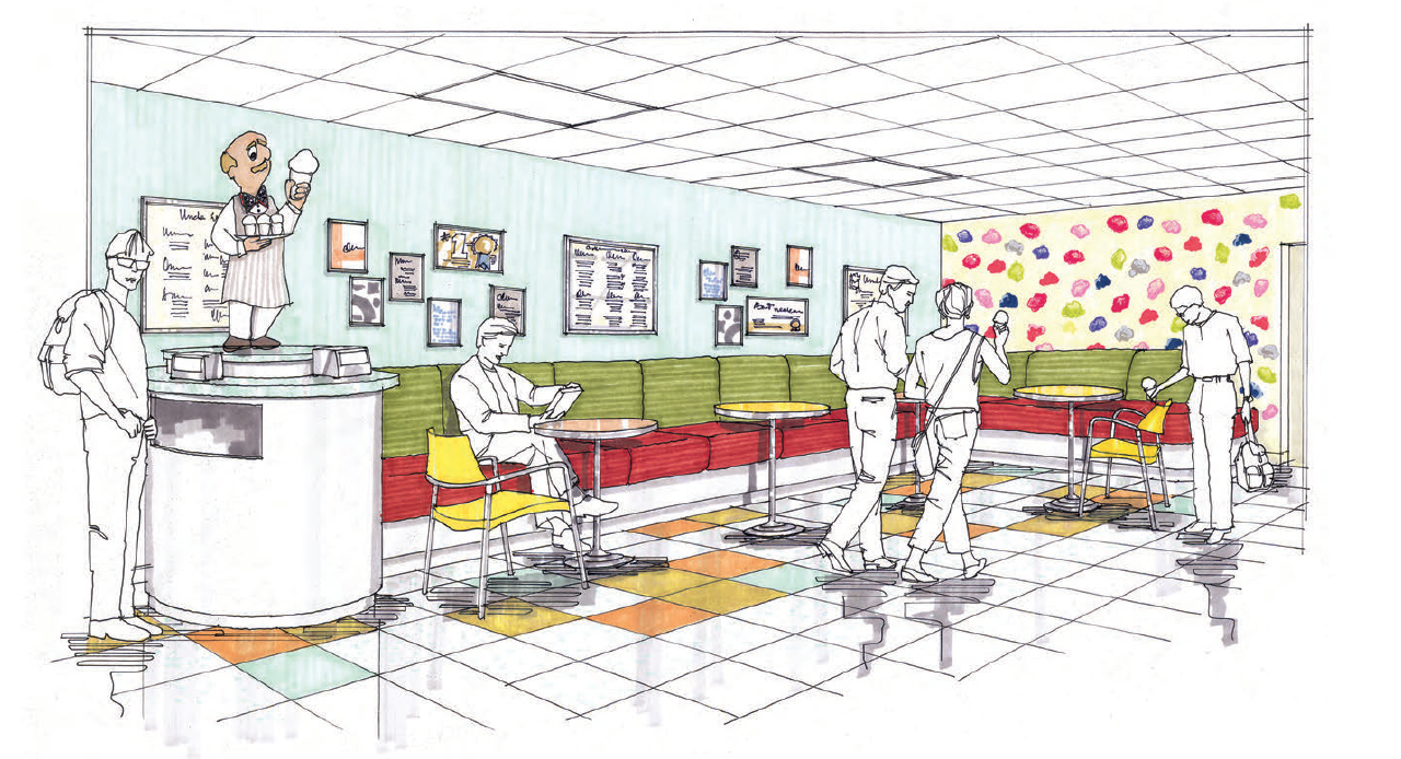 A diner interior with people, round tables, and green booths. Some are talking or sitting. Colorful patterned walls and floor.