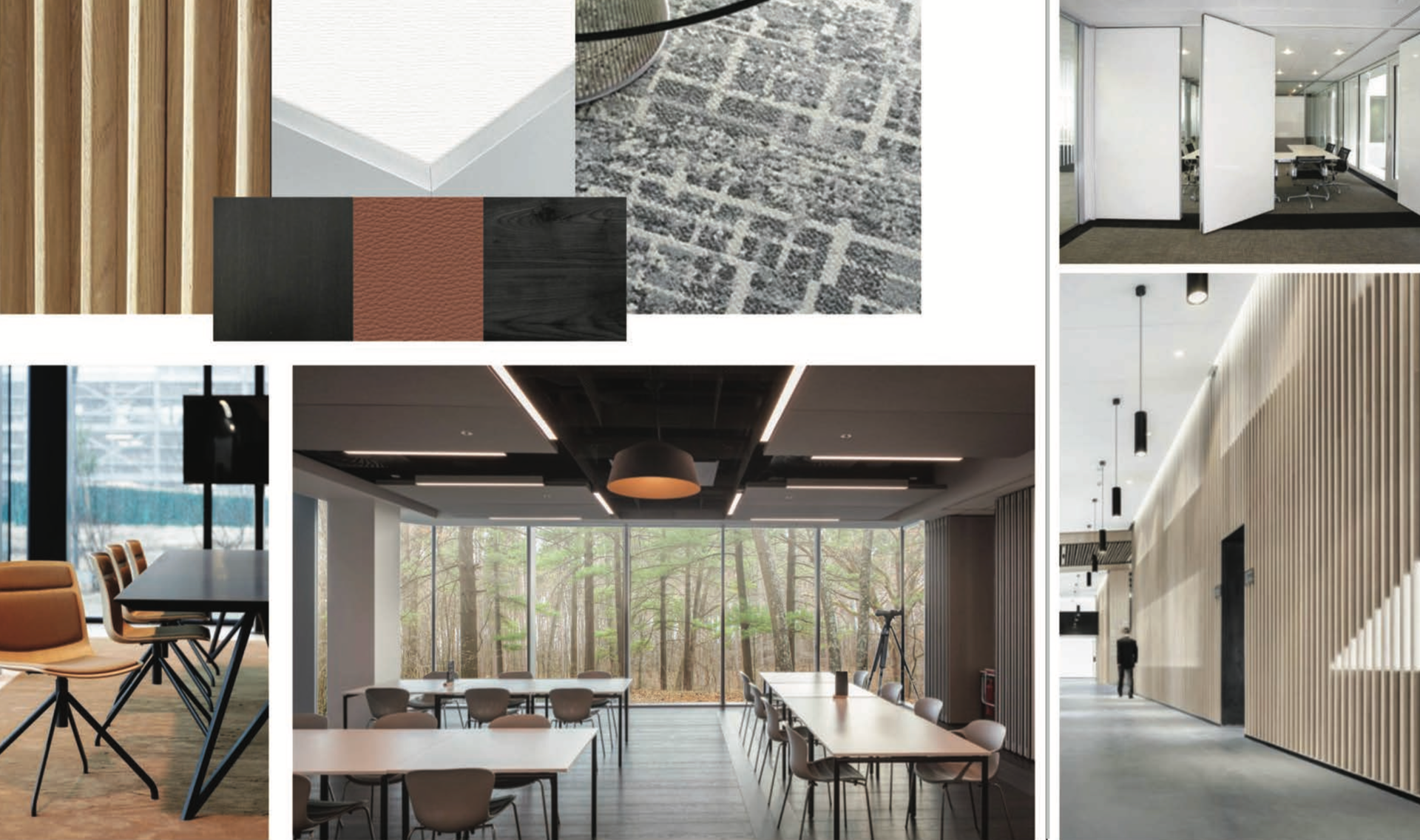 Mood board with interior design ideas: wood, black, red, gray, and white materials in modern spaces.