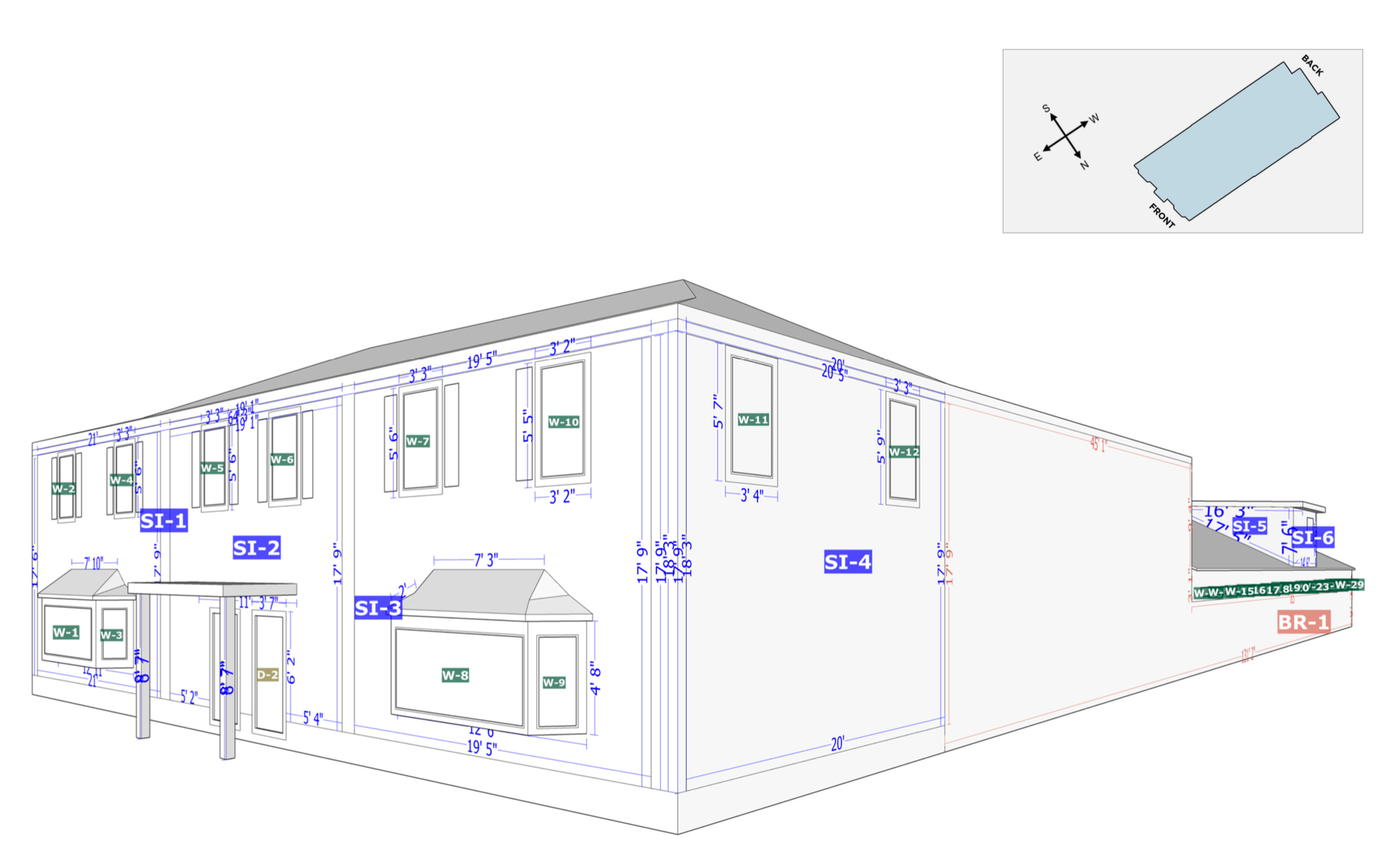 Three-dimensional architectural drawing of a two-story building with multiple windows and doors, oriented diagonally.