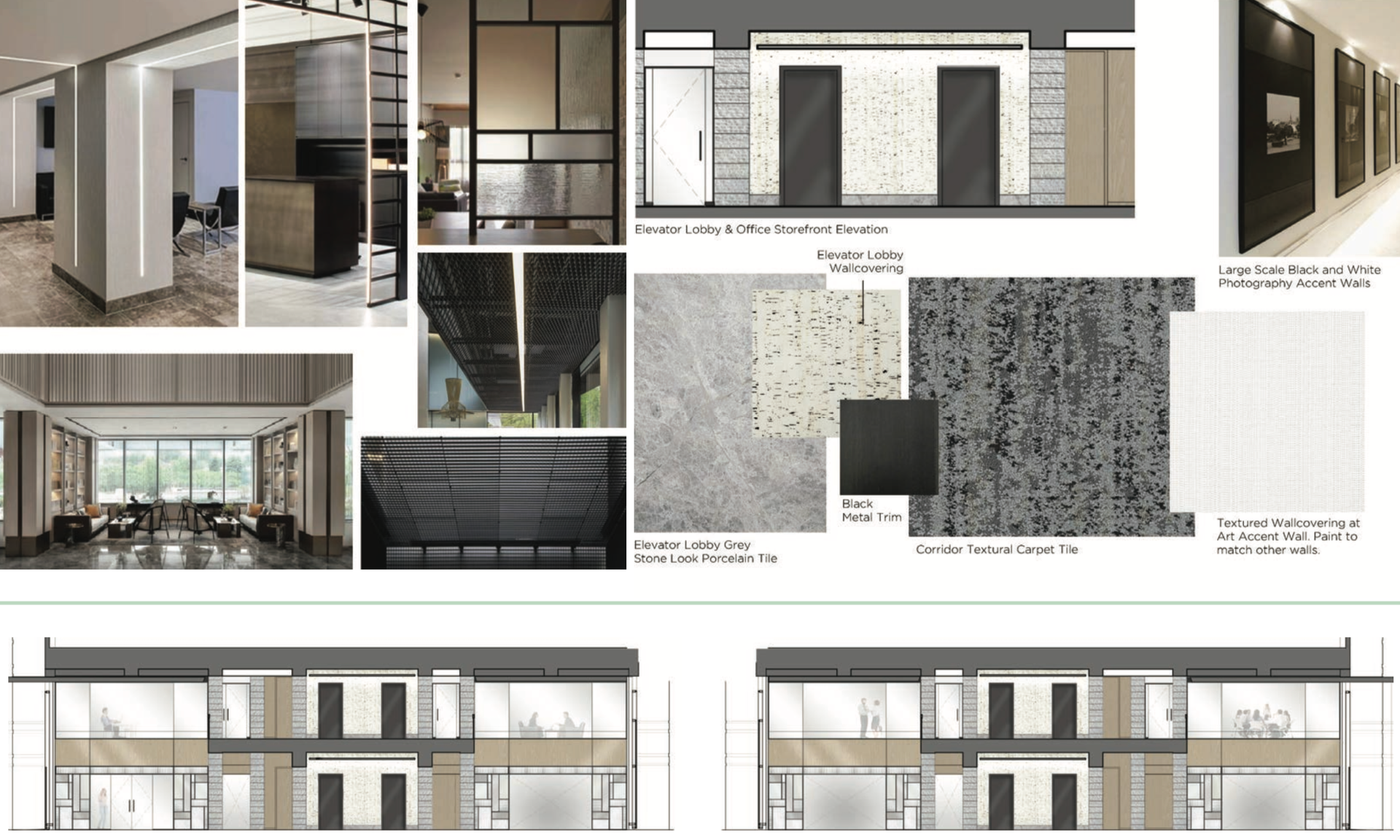 Architectural design mood board with material swatches and building elevation drawings.