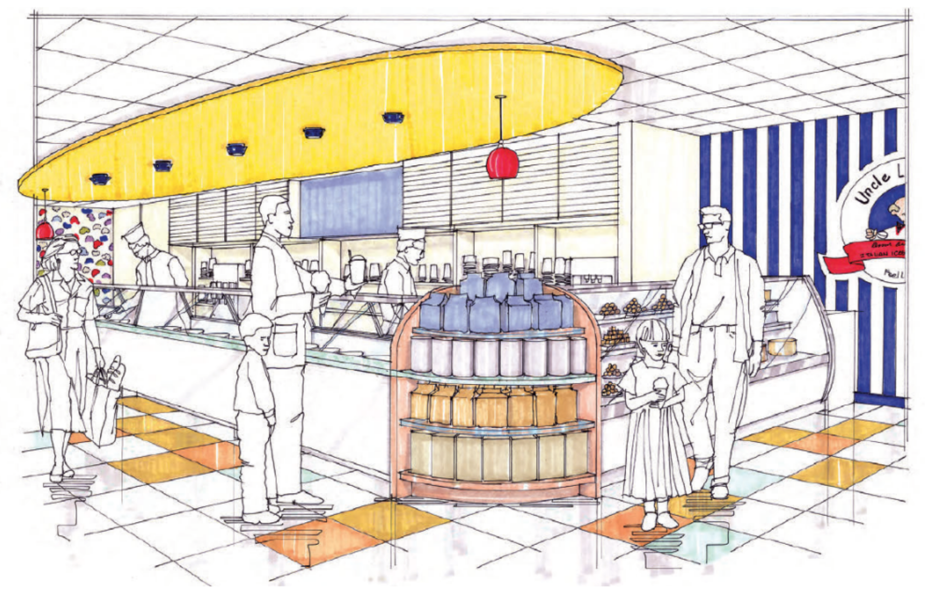 Deli interior sketch: customers near display shelves, staff behind counter. Yellow ceiling panel, blue & white striped wall.