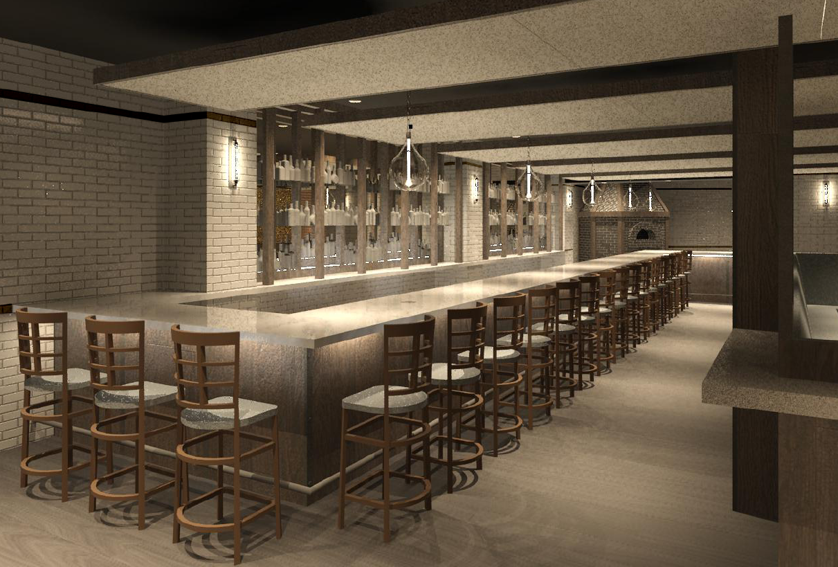Interior of a bar with a long counter, stools, and a liquor display. Dim lighting, neutral tones.